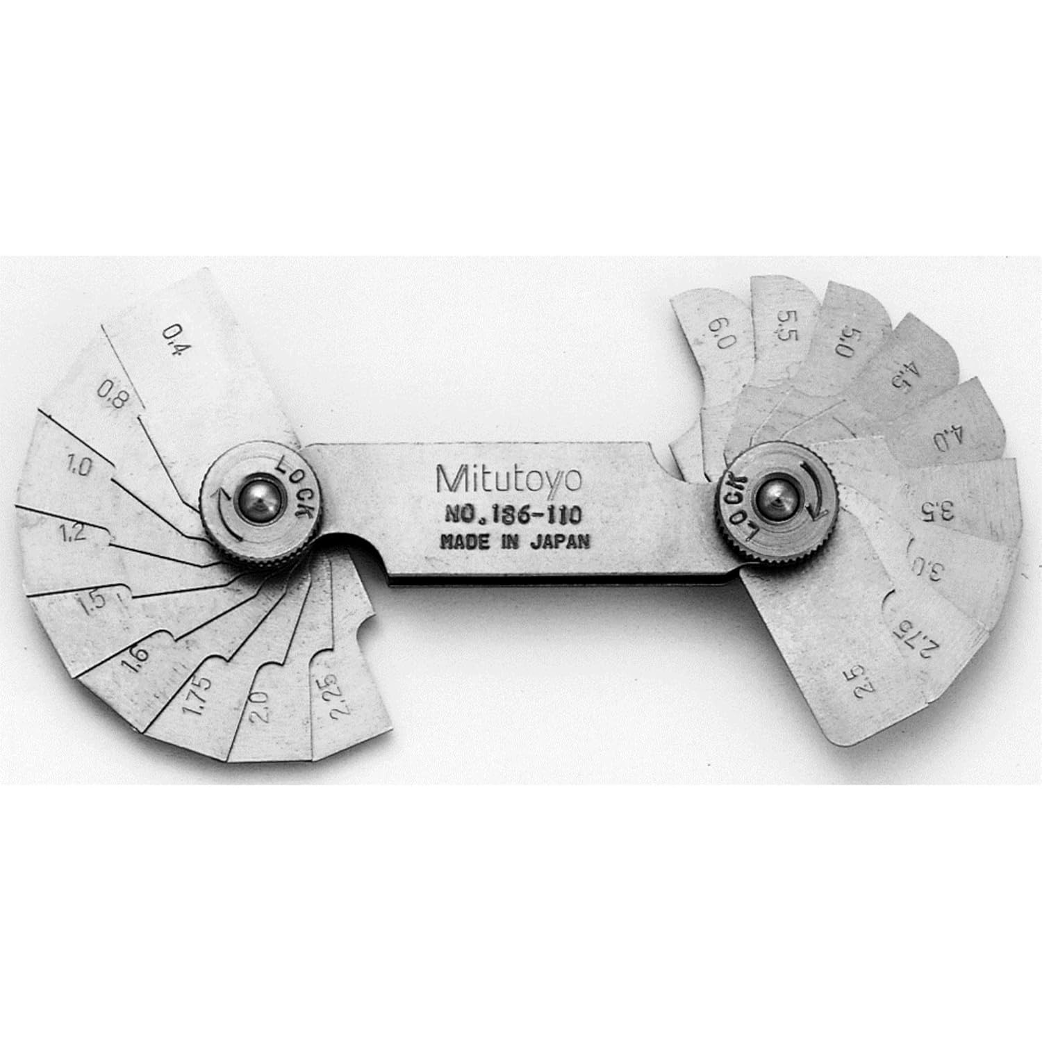 186-110, Radius Gage Set, 18 Pairs of Leaves, 0.4Mm, 0.8Mm, 1Mm, 1.2Mm, 1.5Mm, 1.6Mm, 1.75Mm to 3Mm by 0.25Mm, 3.5Mm to 6Mm by 0.5Mm
