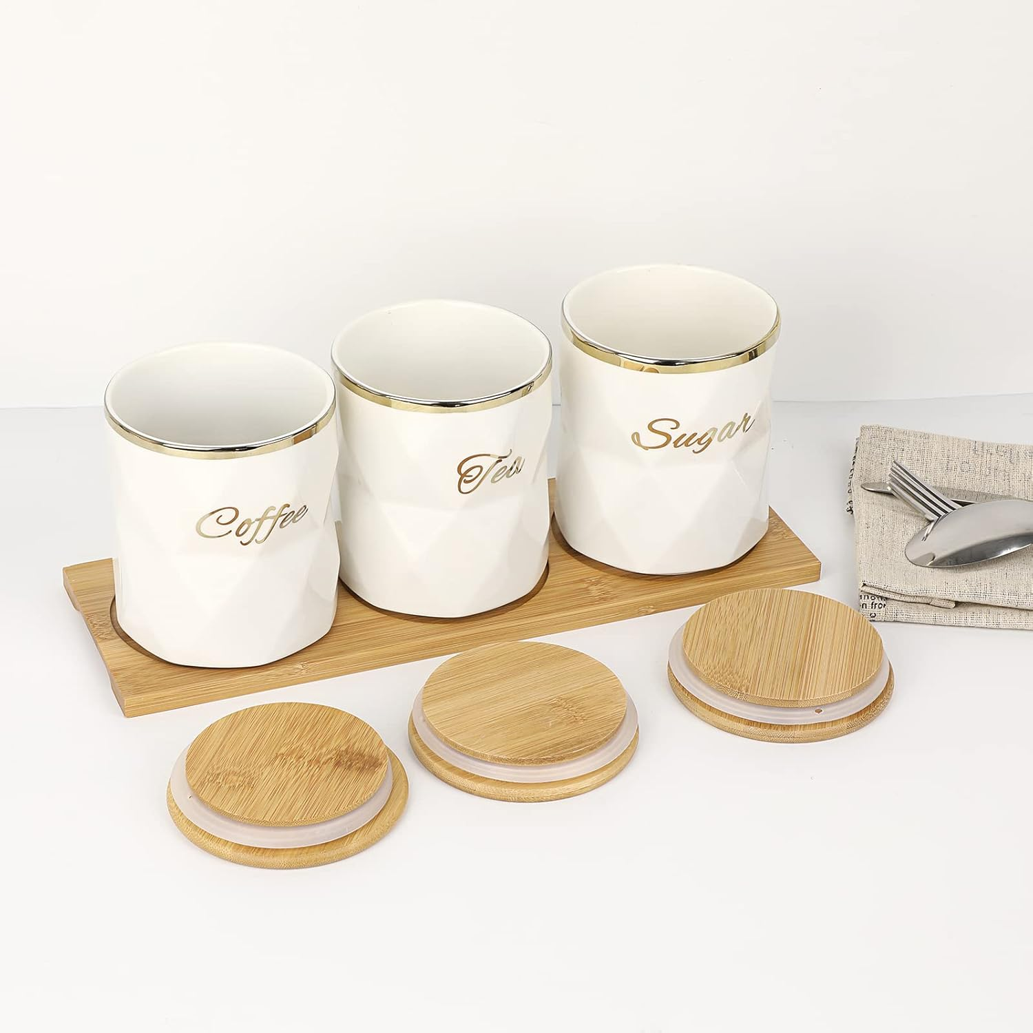 JUXYES Set of 3 Ceramic Canisters Set for Sugar Coffee Tea, Luxurious Storage... - Picture 7 of 14