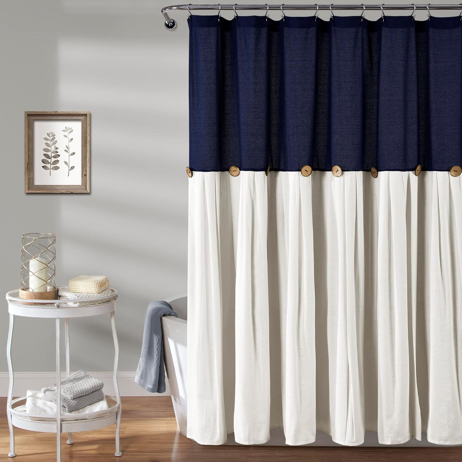 Lush Decor Linen Button Farmhouse Shower Curtain Pleated Two Tone Design