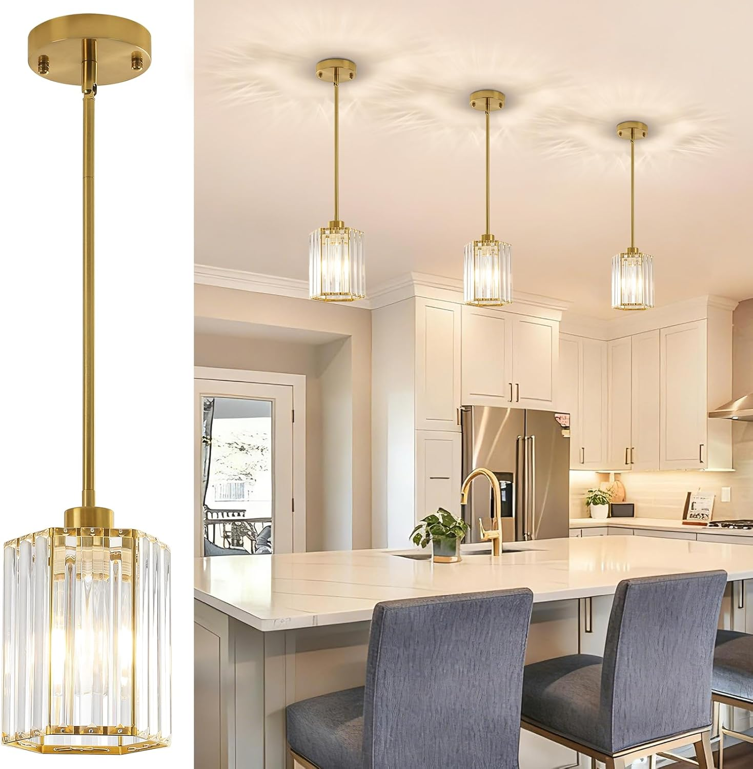 3 Pack Crystal Pendant Lights Kitchen Island, Modern Brushed Gold Kitchen Pendant Lights over Island, Hexagonal Crystal Hanging Lights for Island, Dining Room, Hallway, Foyer, Entryways