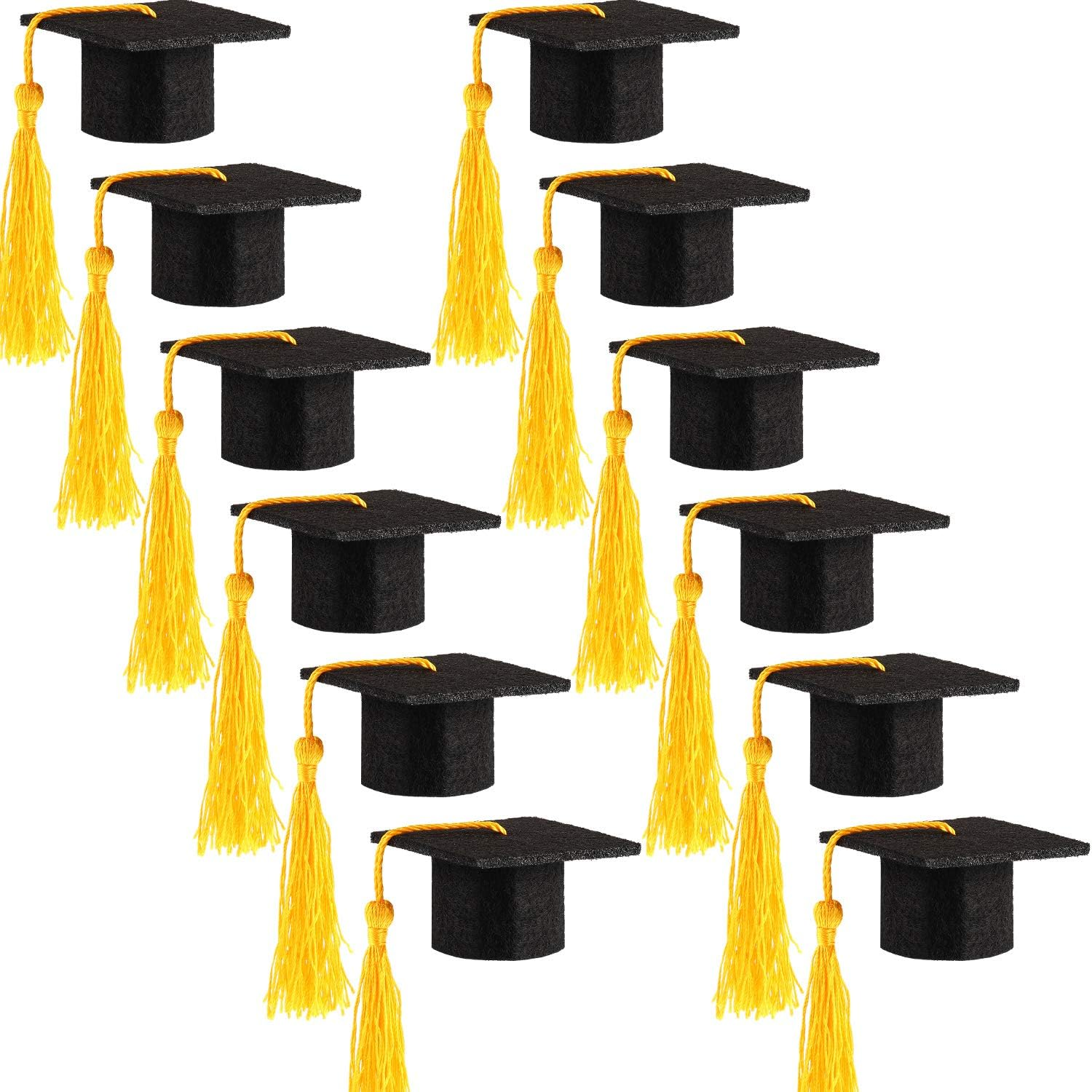 12 Pack 2026 Mini Graduation Caps with Tassels Yellow Small Grad Hat Cake Wine Bottle Toppers for Graduation Party Decorations