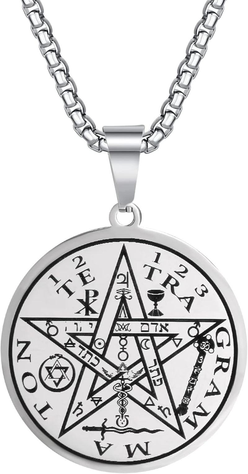 Tetragrammaton Pentacle Necklace for Men Pentagram Protection Amulet Wicca Jewelry, Five-Pointed Star, Magical,The Ancient Power Name of God Stainless Steel 24 Inches