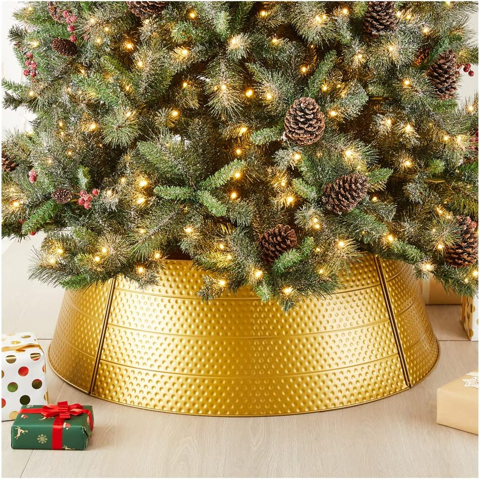 Glitzhome Christmas Tree Collar, 40.5" D Christmas Gold Hammered Metal Tree Collar, Decorative Tree Stand Cover Christmas Tree Ring for Christmas Decor