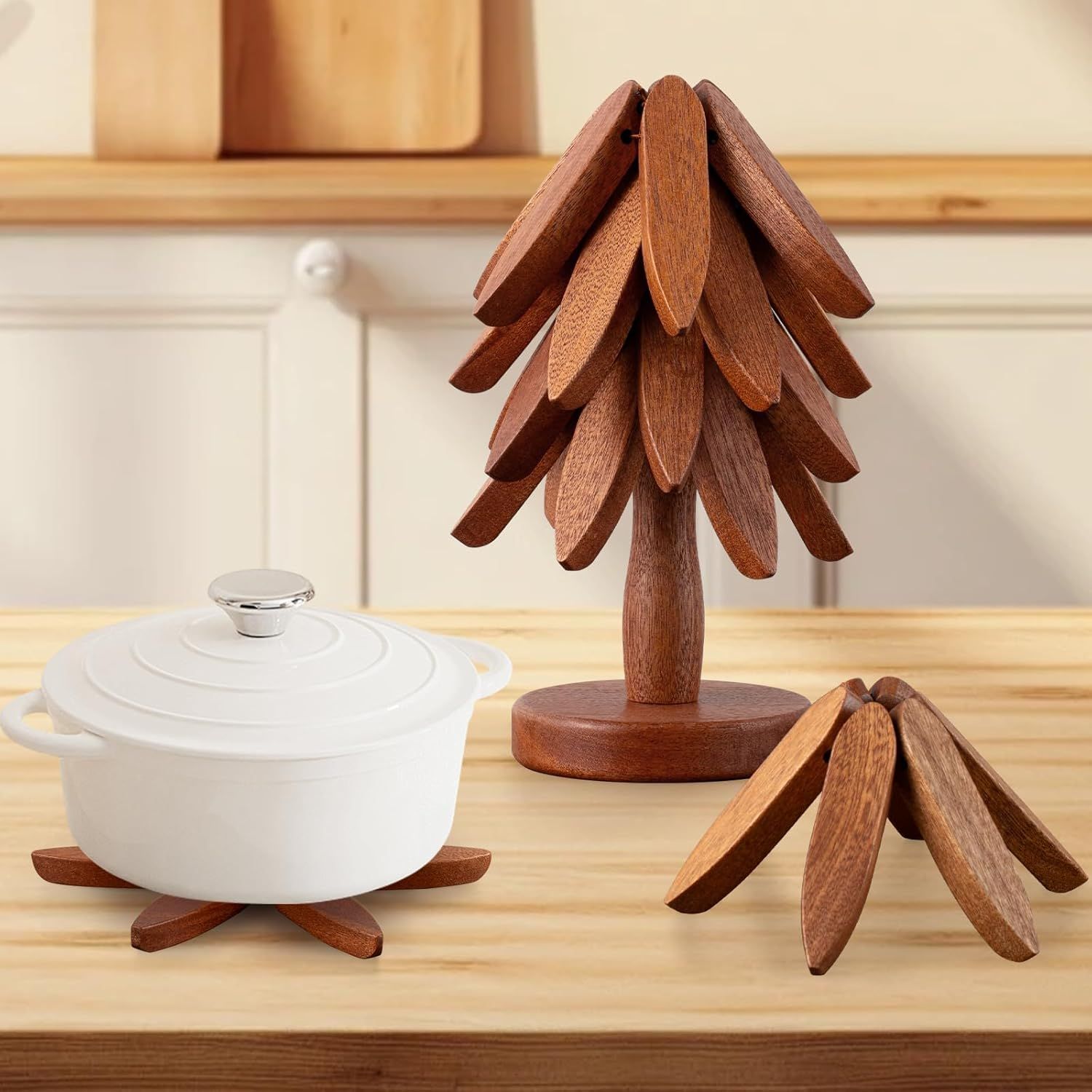 Wooden Trivets for Hot Dishes,Tree Shape Trivet Set,4 Trivets+1 Stand,Natural... - Picture 6 of 14