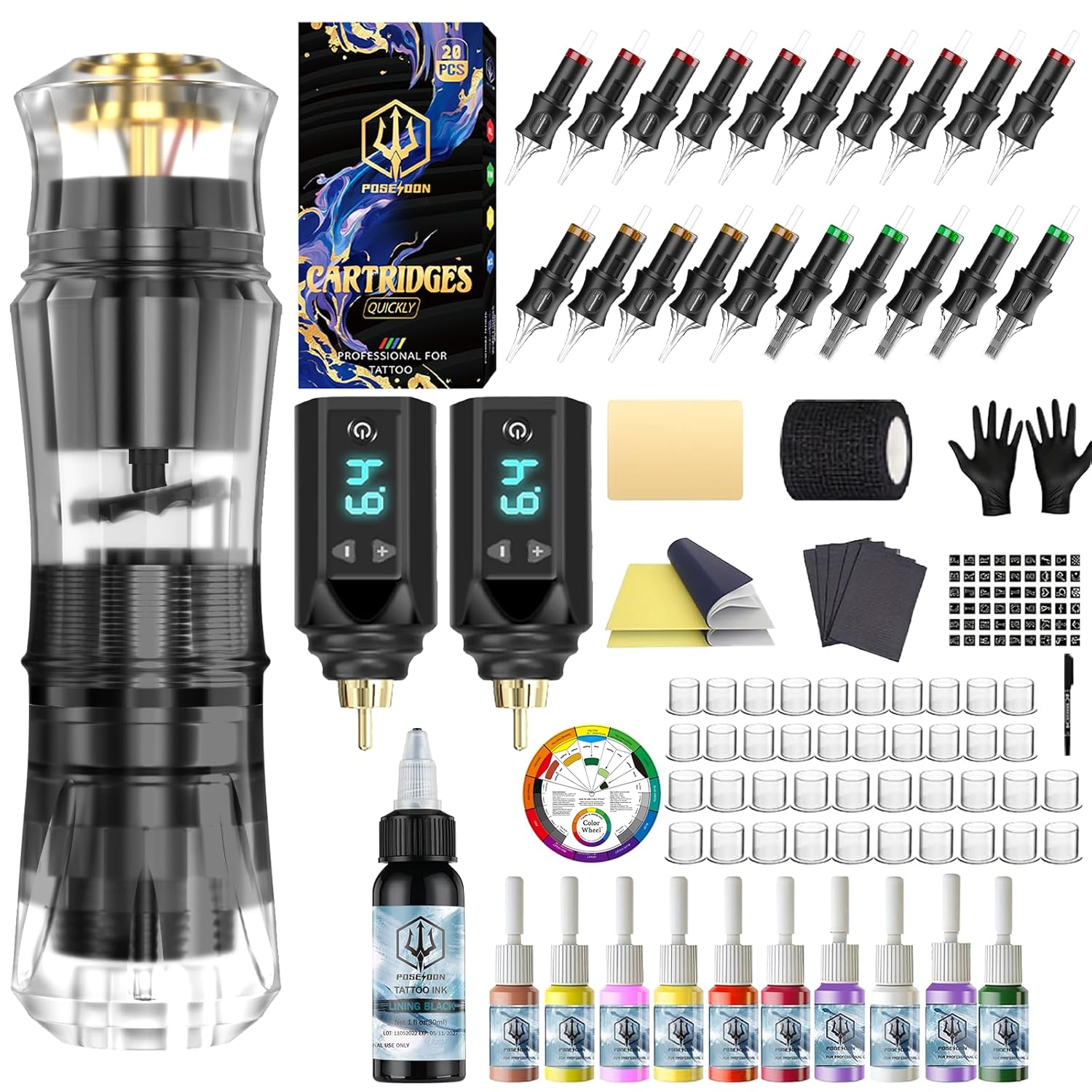 POSEIDON Tattoo Pen Set, Cordless Tattoo Gun Kit Tattoo Kit with 2Pcs Battery and 20 Pcs Tattoo Cartridge Needles, Complete Tattoo Machine Kit Tattoo Supplies for Beginners