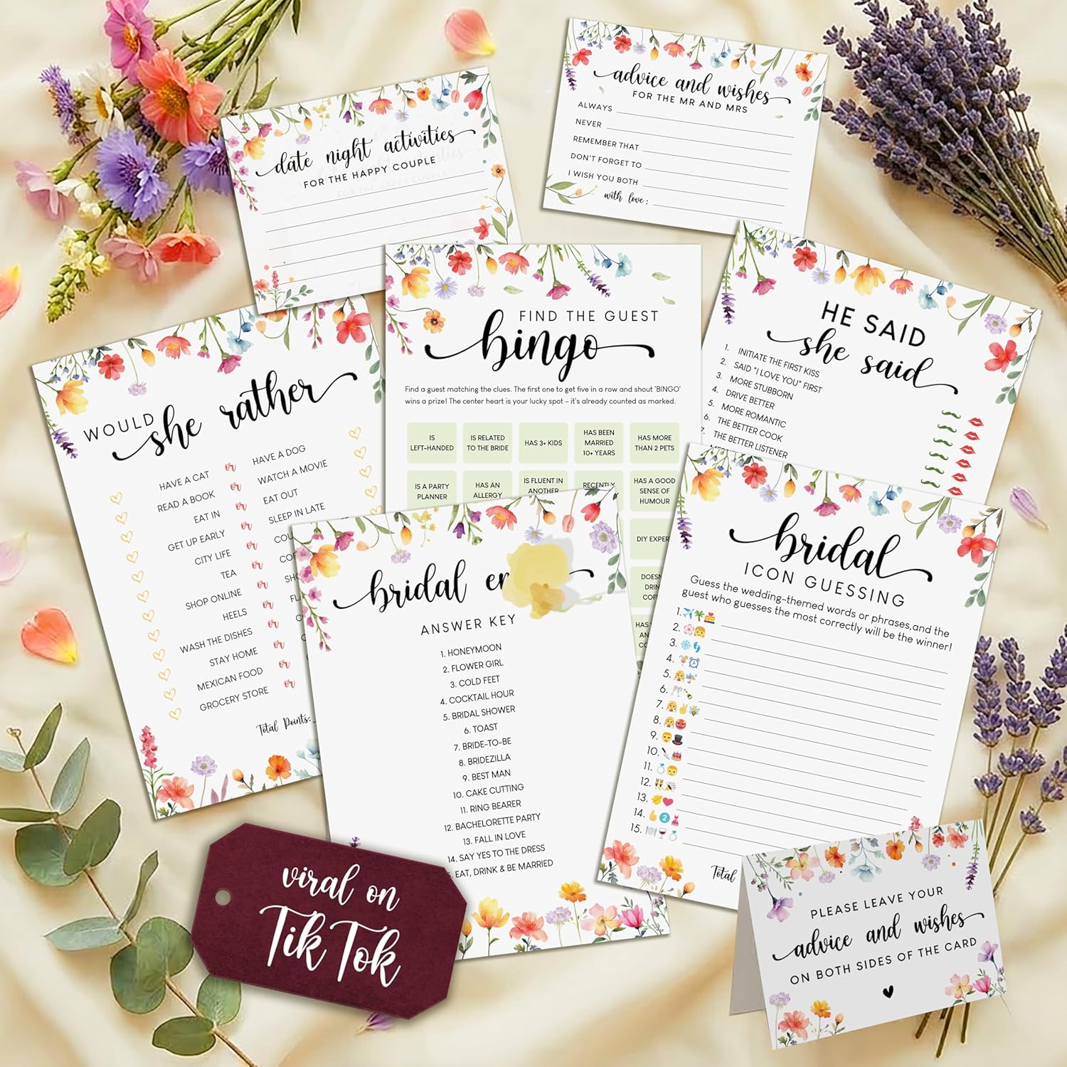 Wildflower Bridal Shower Games for Guests - Wedding Advice and Wishes for the Mr and Mrs, Find the Guest Bingo Bridal Shower Decorations, Funny He Said She Said Would You Rather Game Ideas