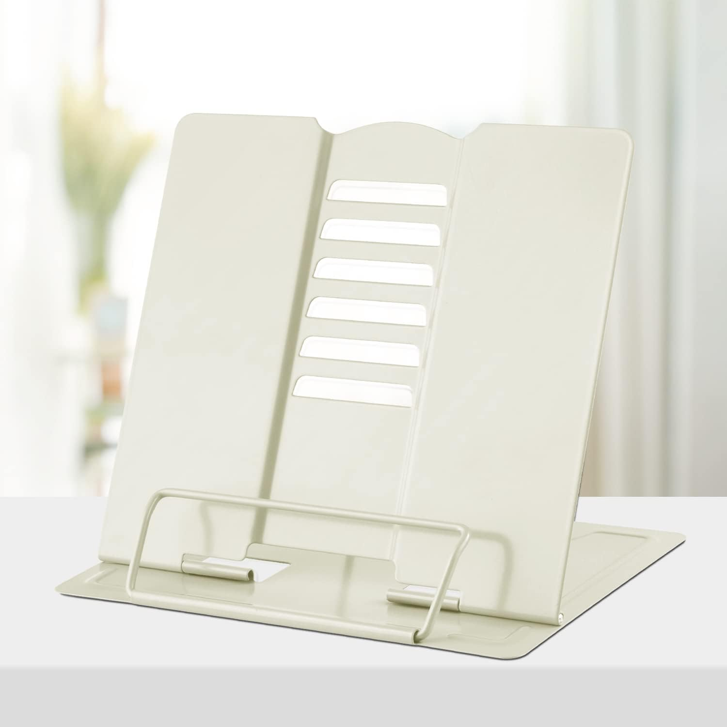 Honagu Book Stand Metal Desk Book Holder, Book Holders for Reading Hands Free, Adjustable Cookbook Documents Holder, Portable Bookstand for Music Books, Textbook, Recipe, Tablet, Ipad (Milky White)