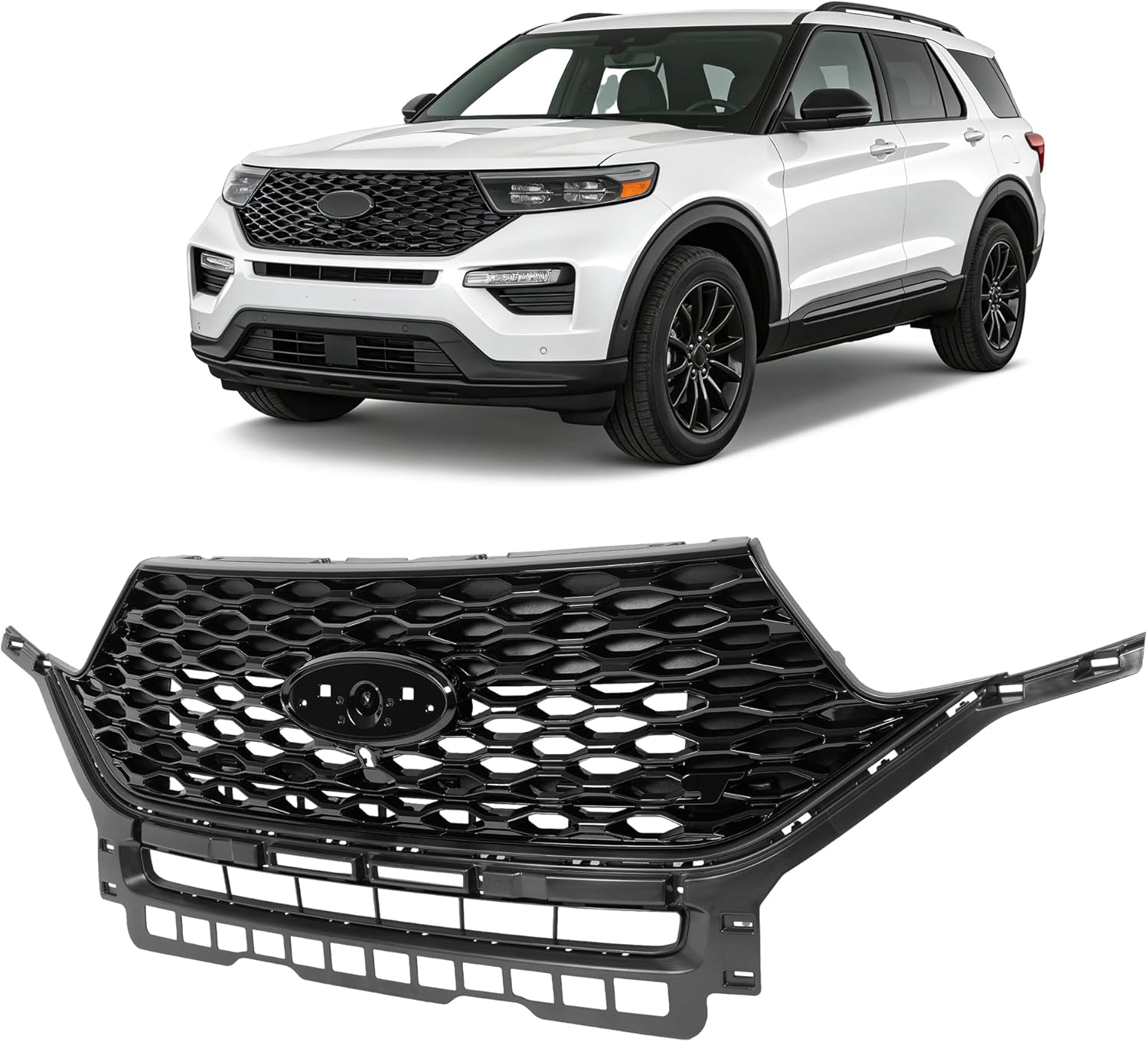 Front Grill Compatible with 2020-2024 Ford Explorer Replacement for LB5Z8200GC FO1200659 Front Bumper Painted Grille Gloss Black Plastic(Abs)