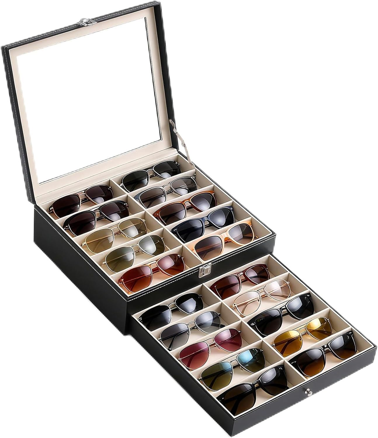 20 Slots PU Leather Sunglasses Organizer Jewelry Box,Multiple Pairs of Large Sunglasses Case Holder with Clear Lid