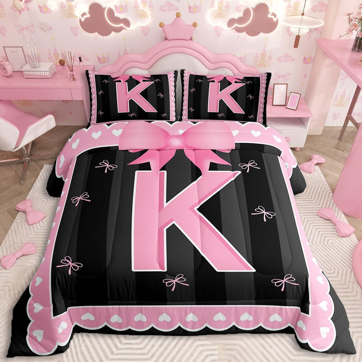 Pink Bow Kids Bedding Set Queen Size,Girl Bow Coquette Comforter Set,Personalized Letter K Ultra Soft Duvet Quilt,Butterfly Knot Princess Comforter Initial Letter K Bedroom Decor
