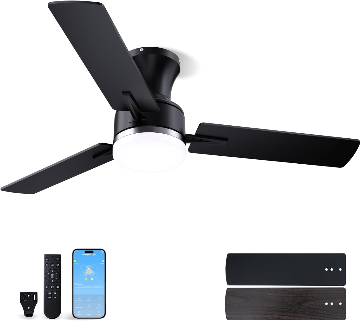 42 Inch Flush Mount Ceiling Fan with Light, App&Remote Control, Low Profile Modern Ceiling Fan, 6 Speed, Reversible, 3000K-6500K Dimmable LED, Quiet DC Motor for Indoor Outdoor, Silver Black