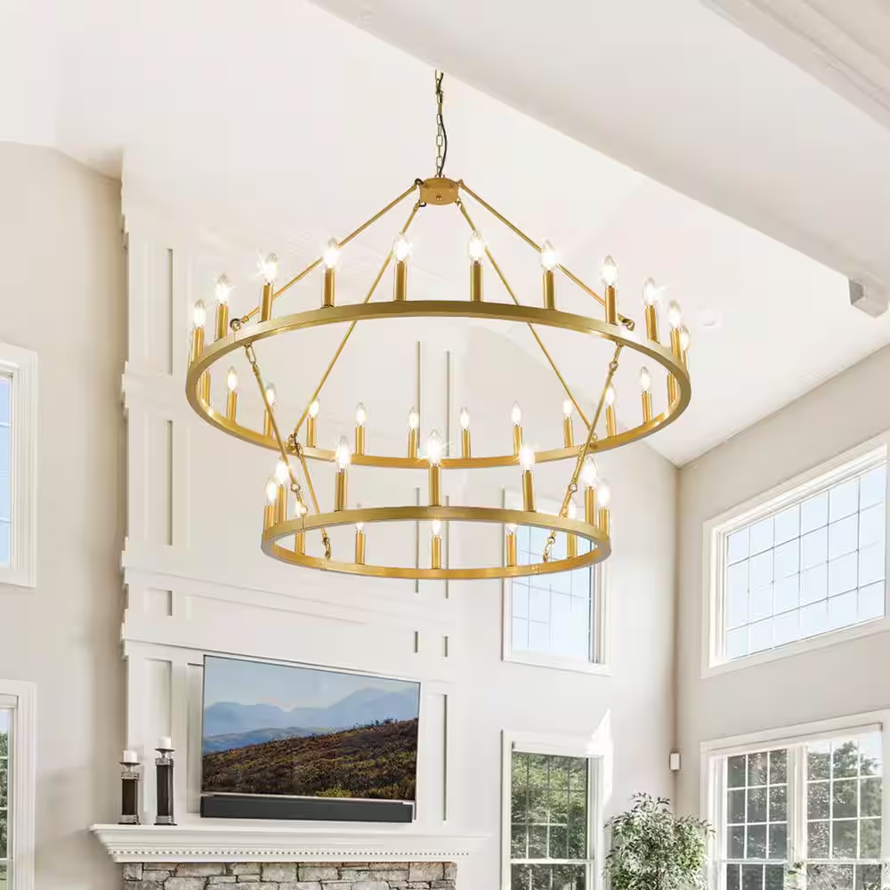 47 In. 36-Light Gold 2 Tier Extra Large Farmhouse Wagon Wheel Loft Retro round Chandelier for Living Room Foyer Cafe Bar