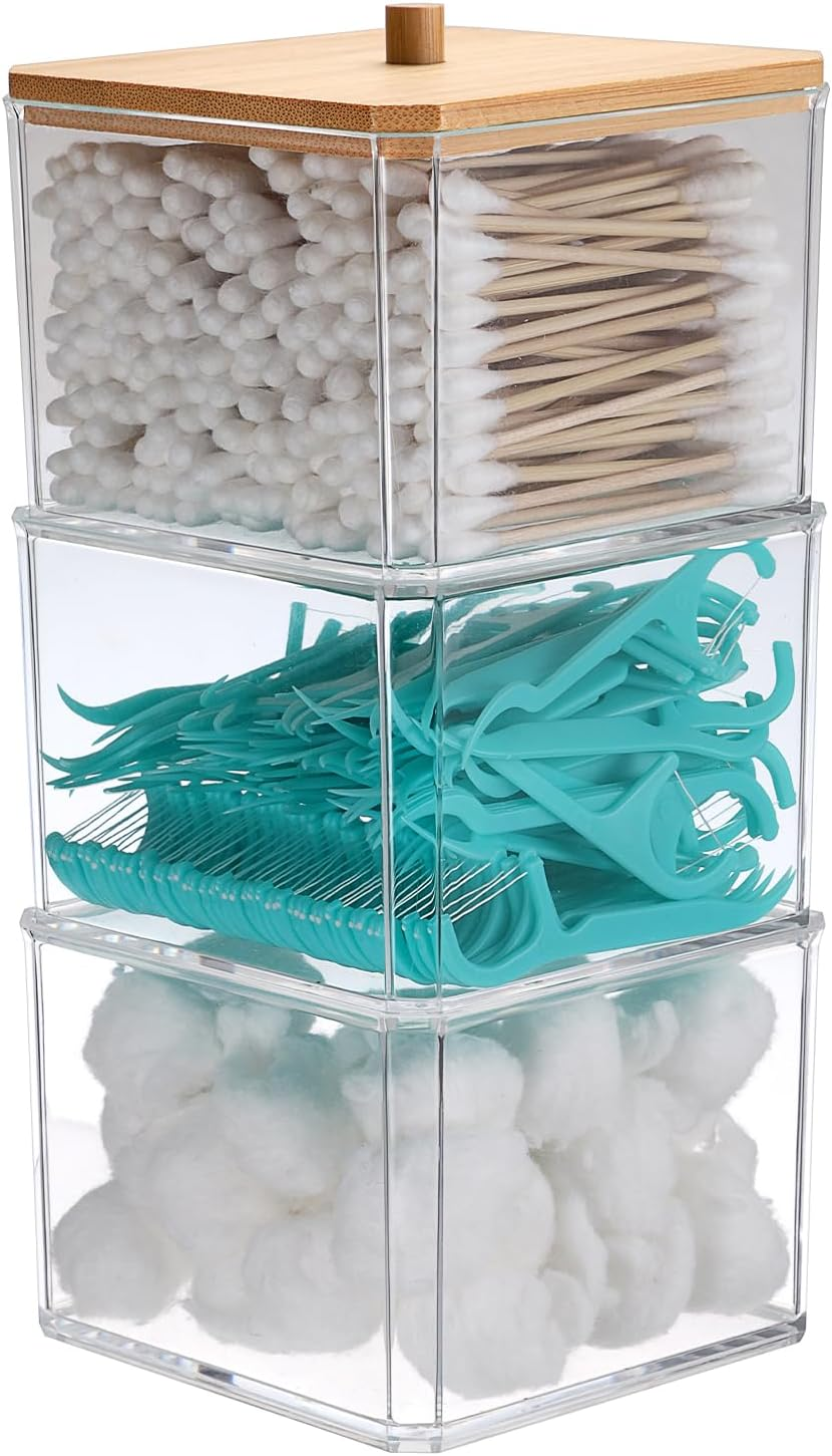 3 Tiers Acrylic Cotton Swab Organizer Clear Qtip Holder with Lid Stackable Bathroom Accessories Storage Box for Office Living Room Bathroom, 3.7 X 3.5 X 7.8 Inch