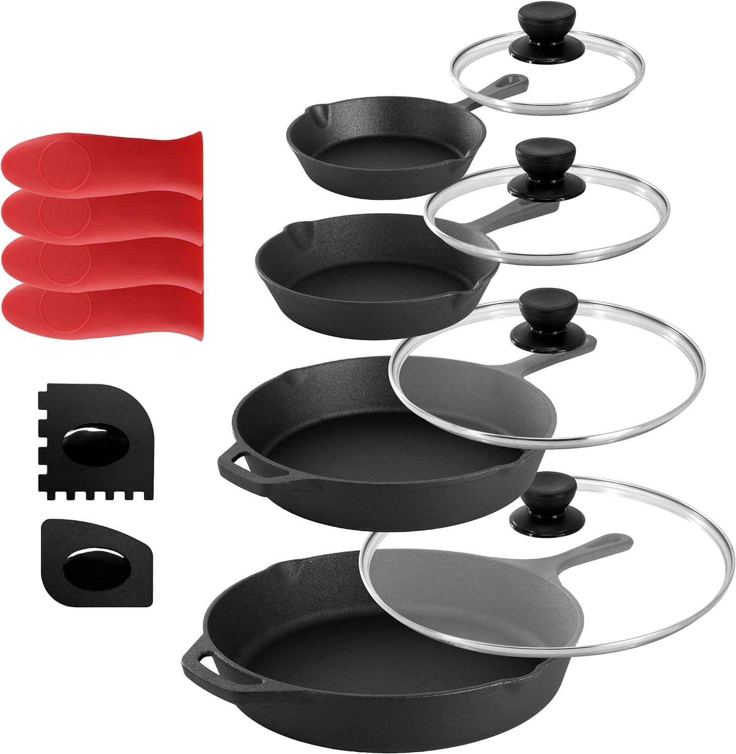 13 Piece Pre-Seasoned Cast Iron Skillet Set with Temperd Glass Lids and Silicone Holders