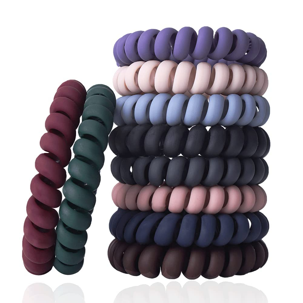Spiral Hair Ties Set - 10 Piece Medium Coil Elastics for Thick Hair, Multicolor No-Crease Telephone Cord Plastic Ties for Women and Girls (Matte Color)