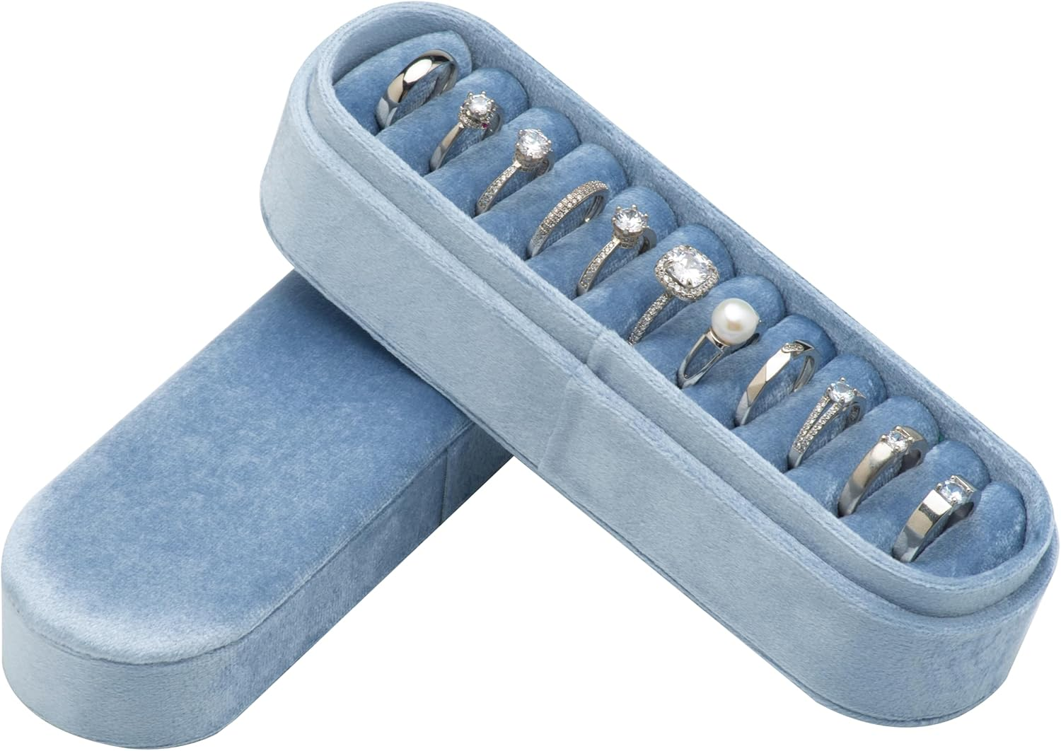 Velvet Small Multiple Ring Box Portable Organizer Display Storage Travel Case Jewelry Earring Holder for Wedding Birthday Christmas Day (Light Ocean Blue)