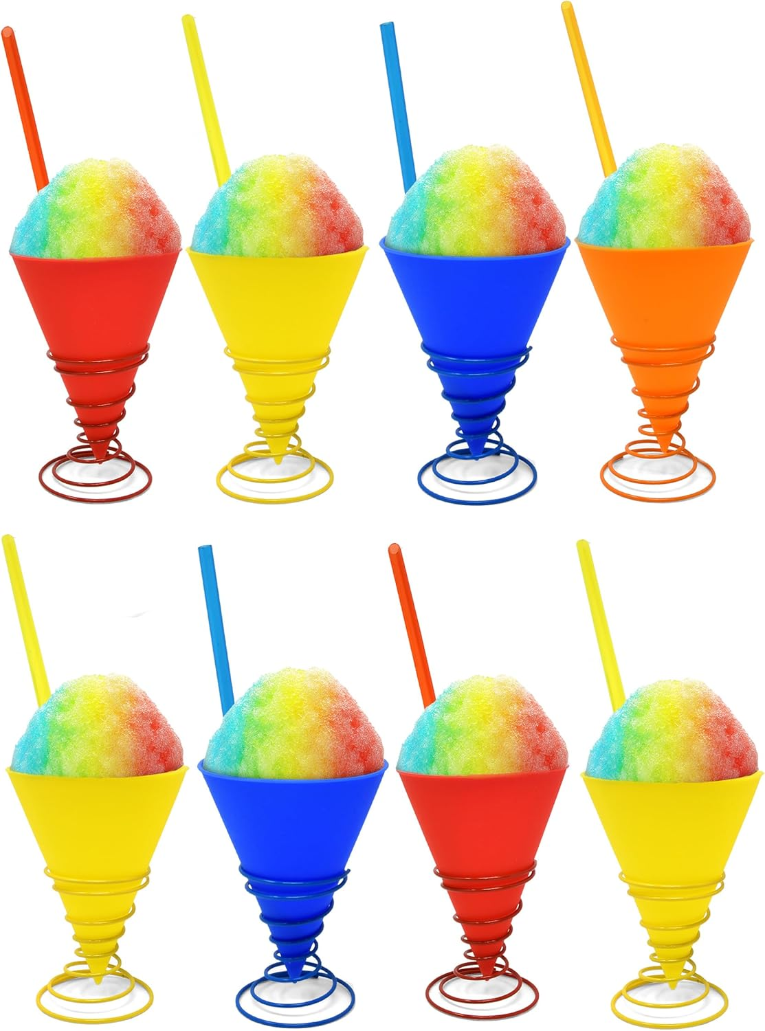 Reusable Silicone Snow Cone Cup Set 8 Pack Leakproof Cups & Spoon Straws with Metal Holders for Summer Cookout Party Kid Friendly, for Slushies Shaved Ice & Ice Cream, 7 Oz