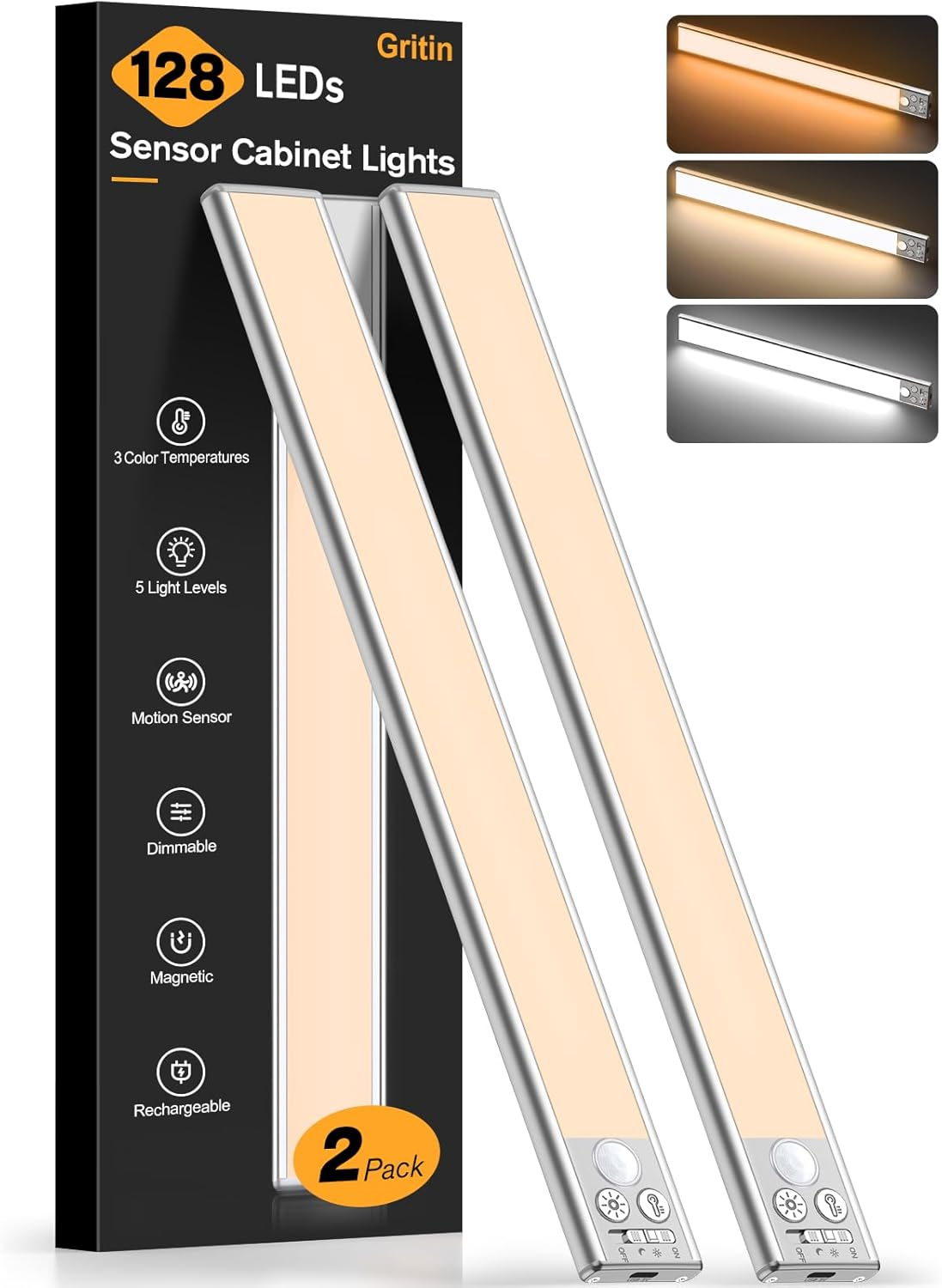 14.7Inch under Cabinet Lighting Rechargeable 2 Pack- 3 Color Temps&5 Level Brightness, Super Bright, 4 Modes, Motion Sensor, Long Lasting - Easy Installation Magnetic under Closet Lights-Silver