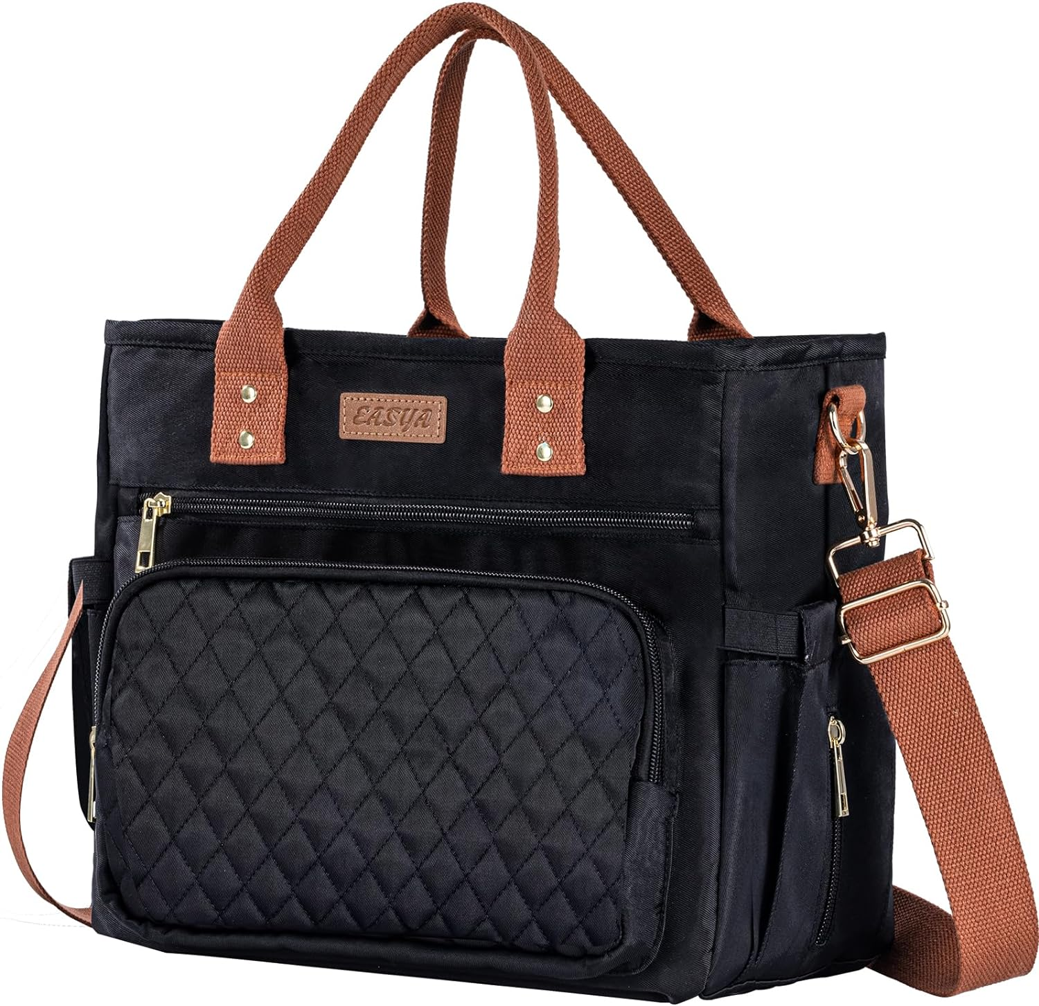 Large Women Lunch Bags for Work Insulated/Insulated Adult Lunch Box for Women/Durable Nylon Thermal Cooler Bag /Leakproof Cooler Tote Bag with Storage Pocket(Newly Upgraded Noir Black Brown Strap)