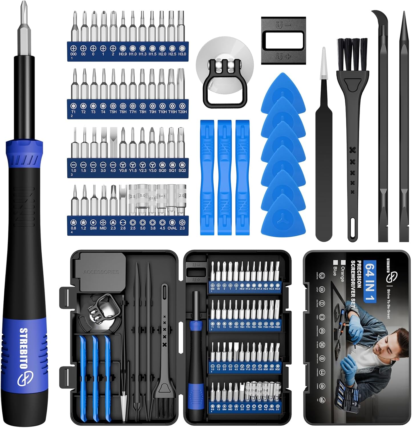 STREBITO Small Precision Screwdriver Set 64-Piece with Torx, Triwing, Pentalobe, Electronics Repair Tool Kit for Computer, PC, Laptop, Macbook, Tablet, Phone, PS5, XBOX, Switch, Glass, Ring Doorbell
