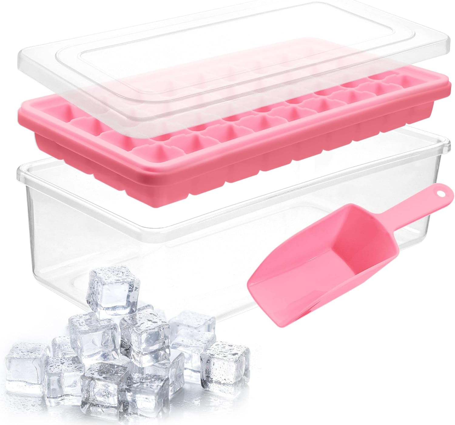 Ice Cube Tray with Lid, BPA-Free Silicone, 36 Nugget Cubes, Easy Release - Pink