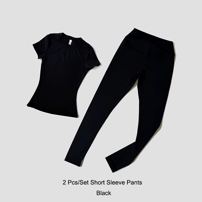 Quick-Drying Gym Leggings Set Sport Suit Short Sleeve Breathable Stretchy Slim Fitness Active Top Tight Gym Set