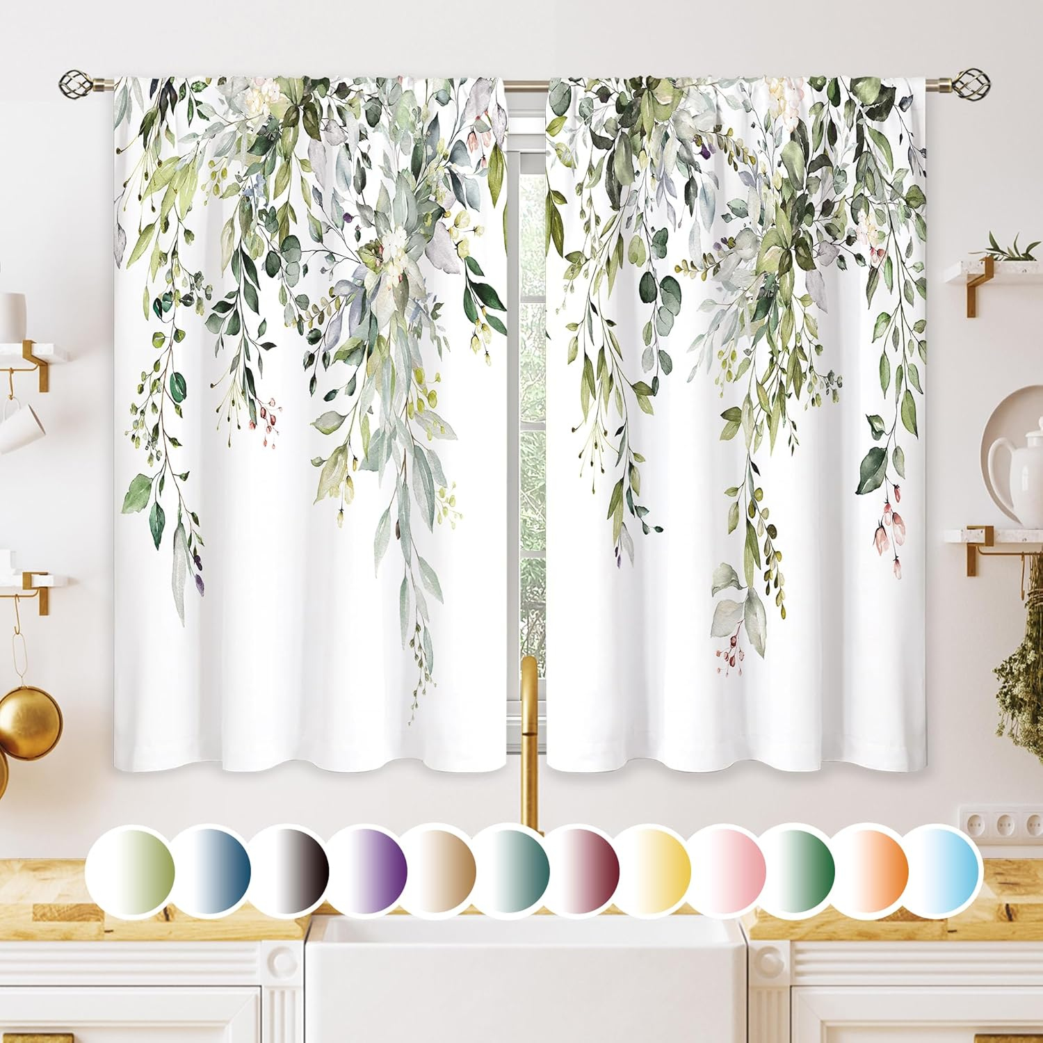 Eucalyptus Botanical Leaves Floral Kitchen Window Curtains over Sink Boho Farmhouse Flower Leaf Small Window Treatment Sage Green Cafe Short Curtains for Bathroom Tier Drapes 27.5X39 Inch