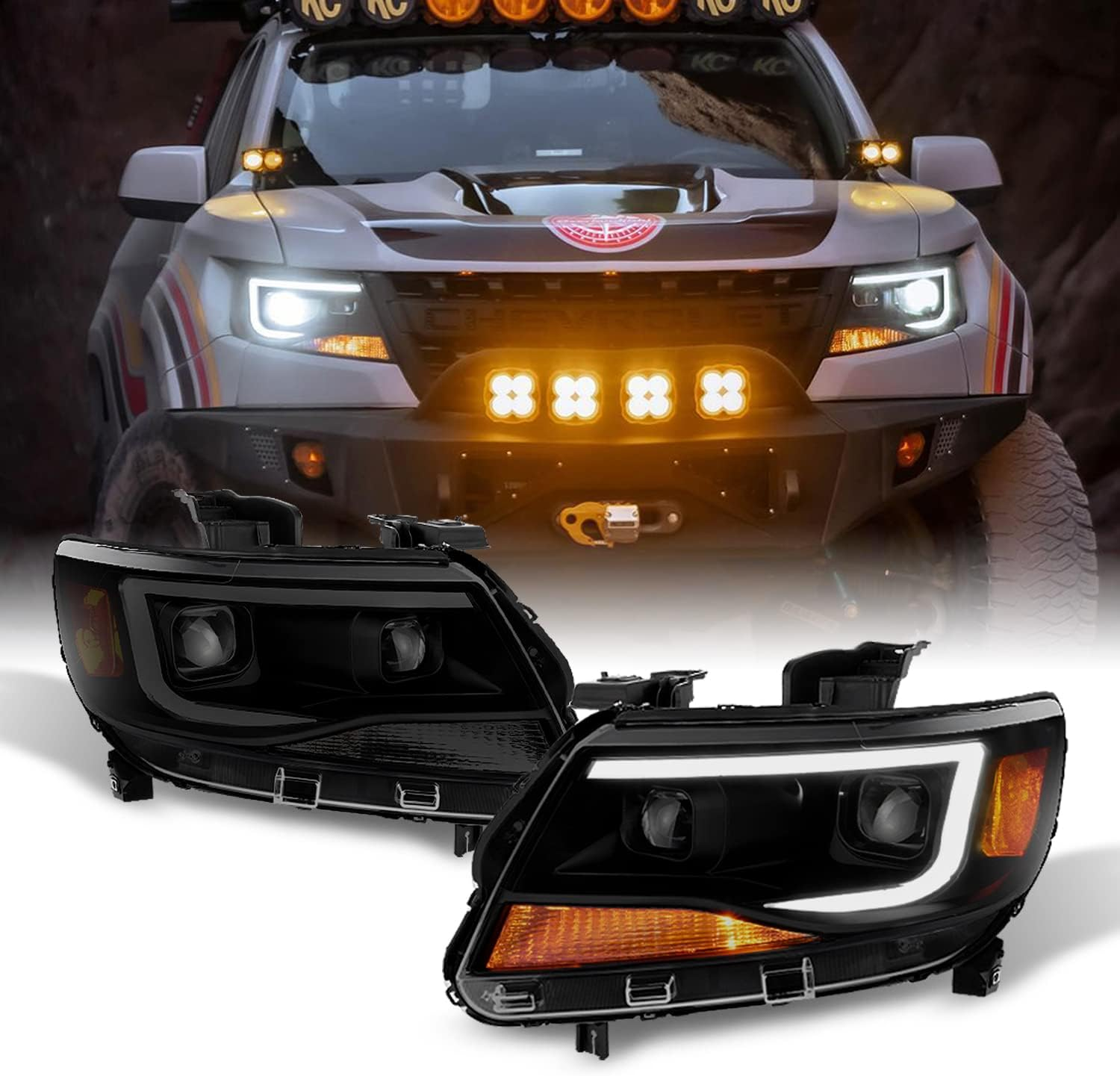 - for [Black Smoke] 2015-2022 Chevy Colorado Frost White LED DRL Dual Square Projector Headlights Set