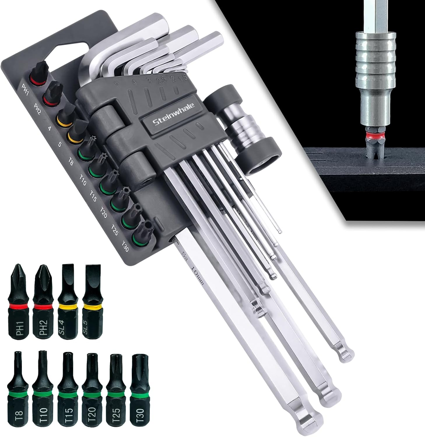 20In1 Metric Allen Wrench Set, S2 Steel Hex Key Set, Allen Key Set with Bit Adapter and Screwdriver Bits, Ball End for Tilt Operation and Chamfered Tips for Easy Entry