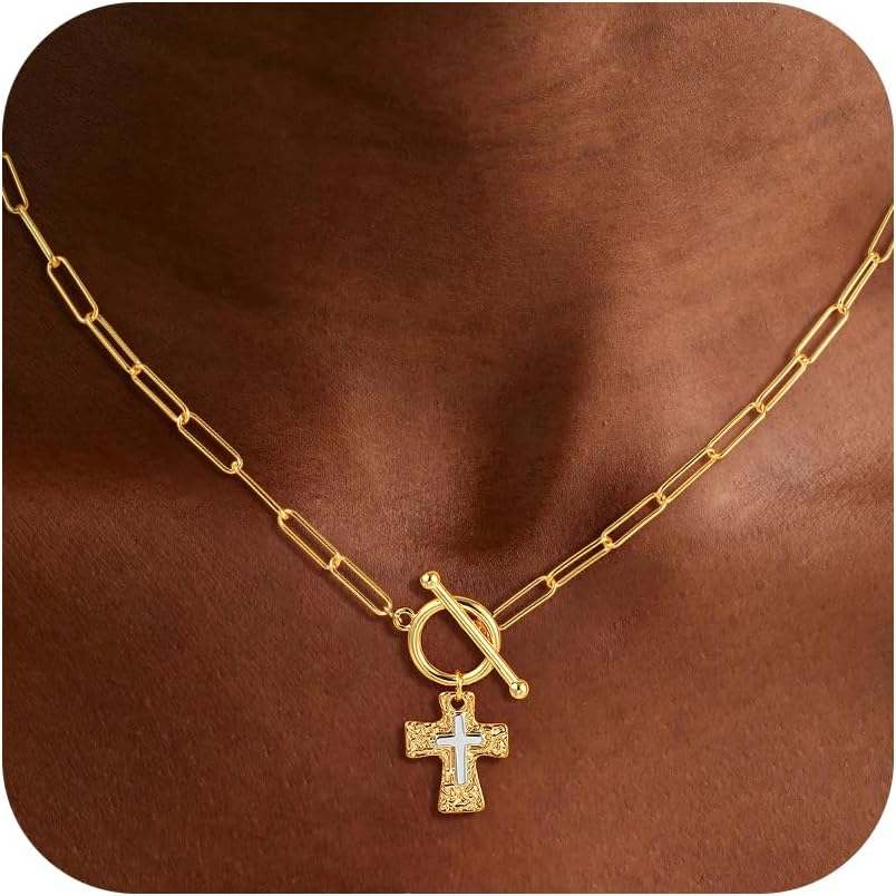 Cross Necklace for Women Trendy -14K Gold Plated Chunky Gold Silver Cross Pendant Necklace Waterproof Non Tarnish Jewelry Christian Gift for Women