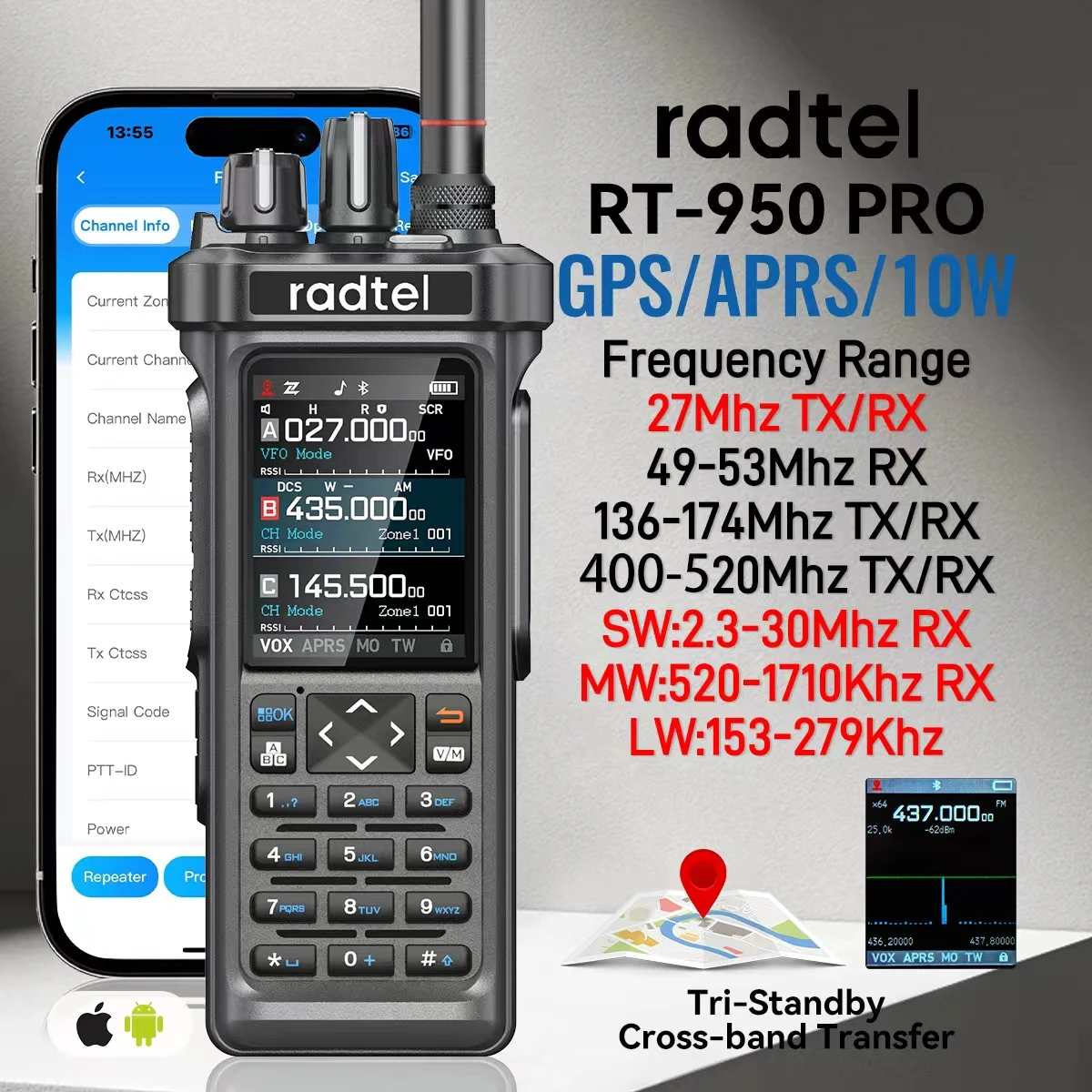 Radtel RT-950 PRO 10W Ham Radio GPS APRS Bluetooth AM FM USB LSB CB 27MHz