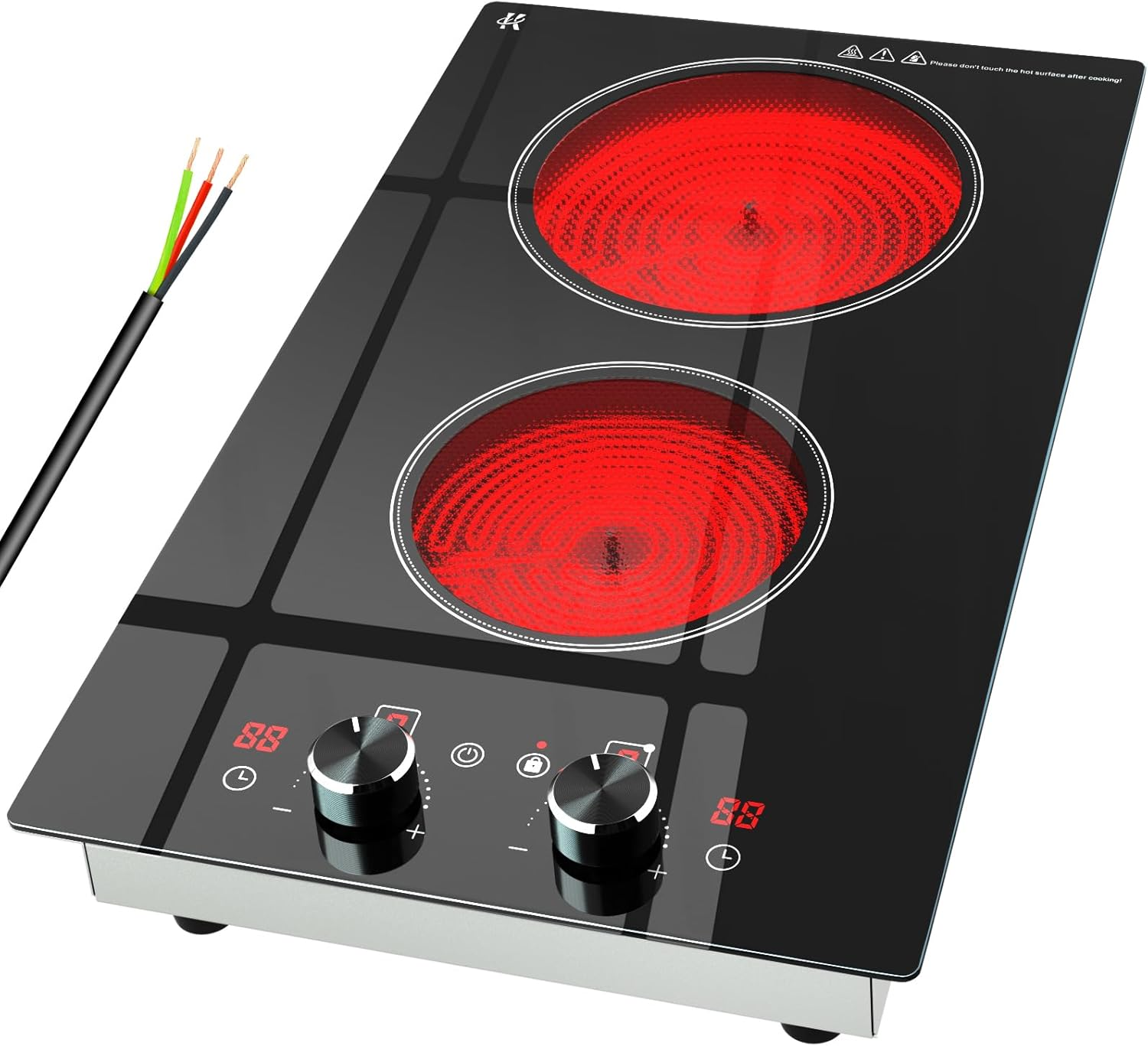 2 Burner Electric Cooktop 220-240V, 3000W Radiant Electric Stove Top with Built-In Design, 12 Inch Knob Control Ceramic Cooktop with Safety Lock, 9 Level Power, Timer - Hard Wire