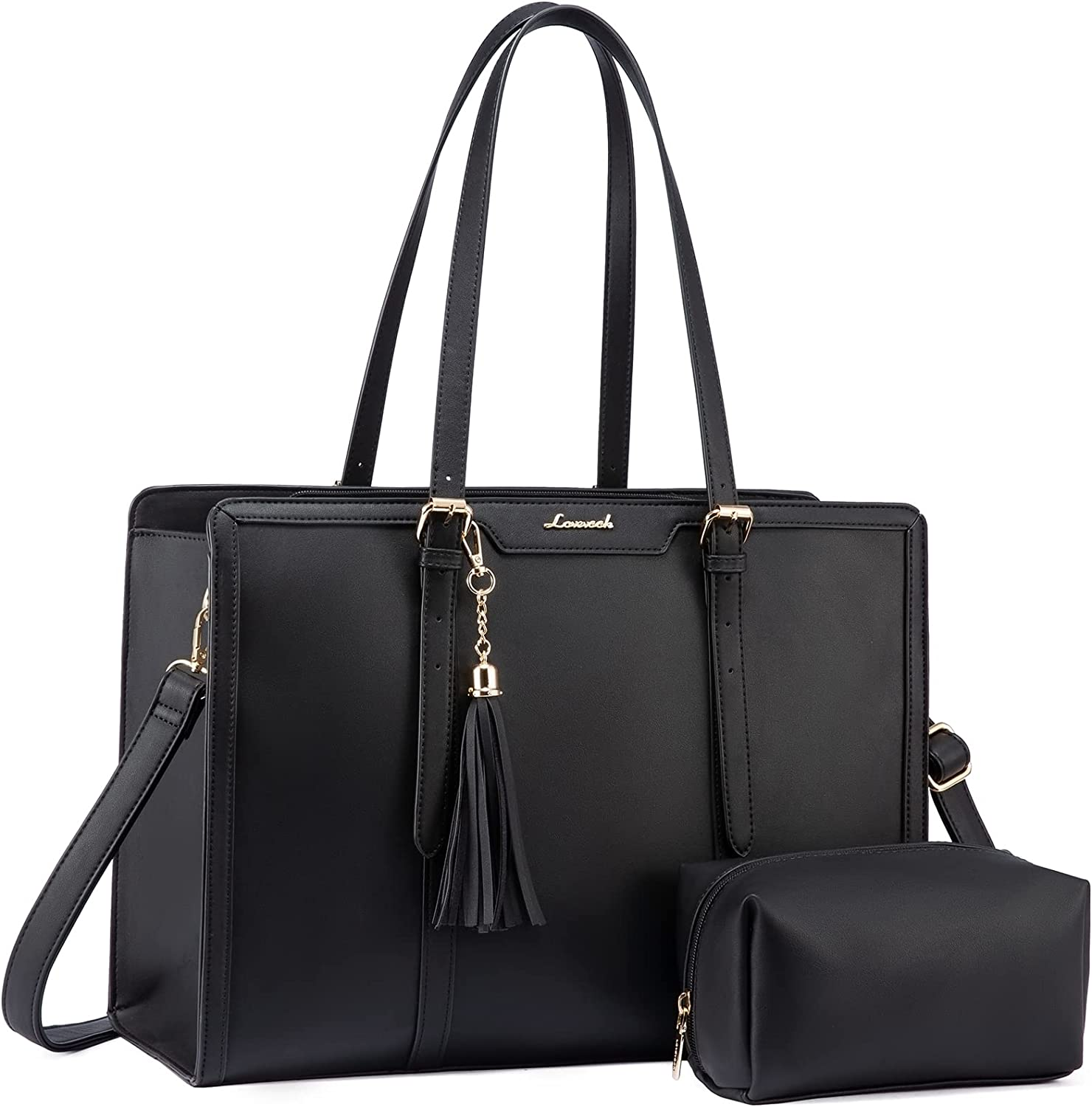 Laptop Bag for Women 15.6 Inch Lightweight PU Laptop Tote Bag, Large Capacity Computer Bag with Clutch Purse for Business, Work, Office, Travel, School,Casual(Black & Leather)