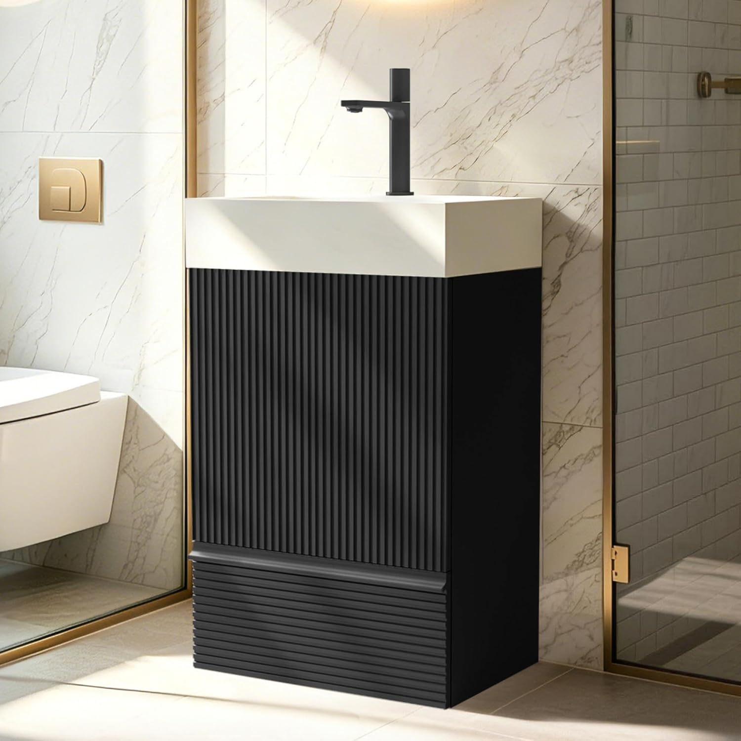 20" Bathroom Vanity with White Ceramic Sink, Black Fluted