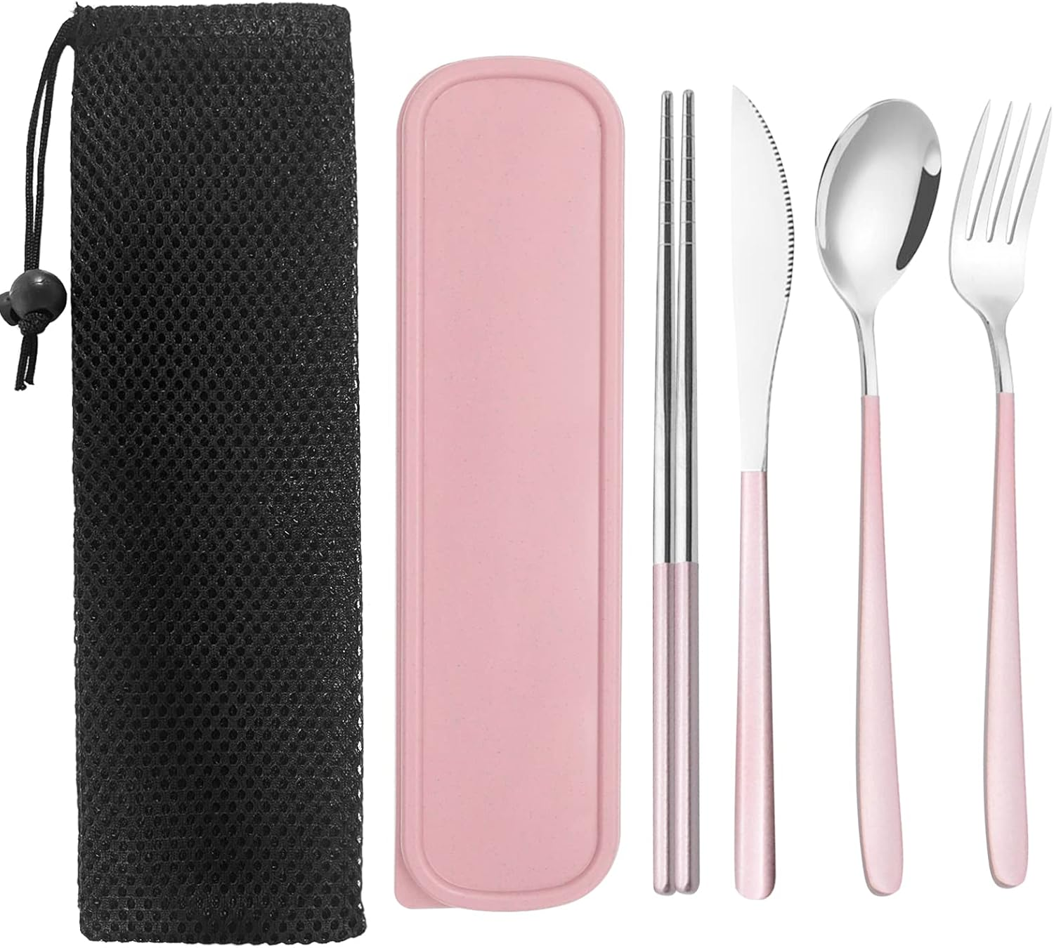 Portable Travel Utensils Set with Case, Pink Reusable Silverware Set, TWUTGAYW