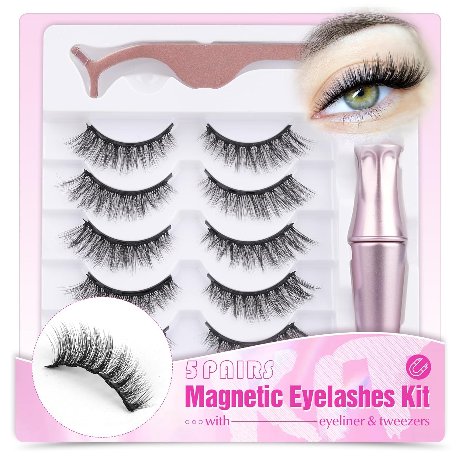 5 Pzs Pestanas Magneticas con Delineador Look Natural Ojo Gato Reutilizable Kit