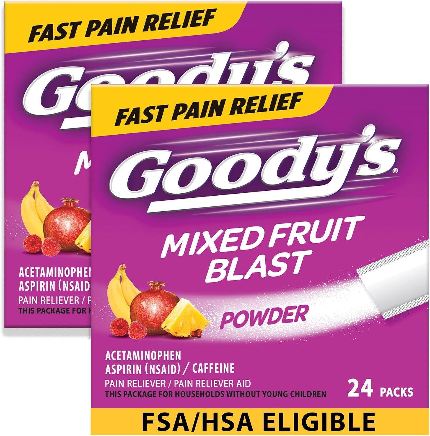Goody'S Triple Action Pain Relief, Mixed Fruit Powder, 24 Count, Pack of 2 | Goodys Headache Powder, with Acetaminophen, Aspirin & Caffeine, Fast & Effective Headache Relief for Adults, Dissolve Packs
