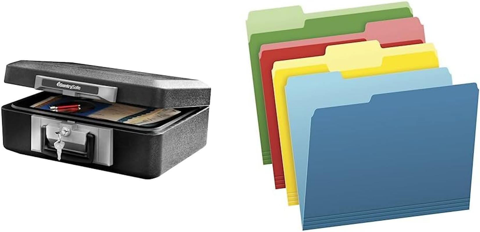 Fireproof Safe Box with Key Lock, Chest Safe & Pendaflex Two-Tone Color File Folders, Letter Size, Assorted Colors (Bright Green, Yellow, Red, Blue), 36 Pack (03086), 4-Color