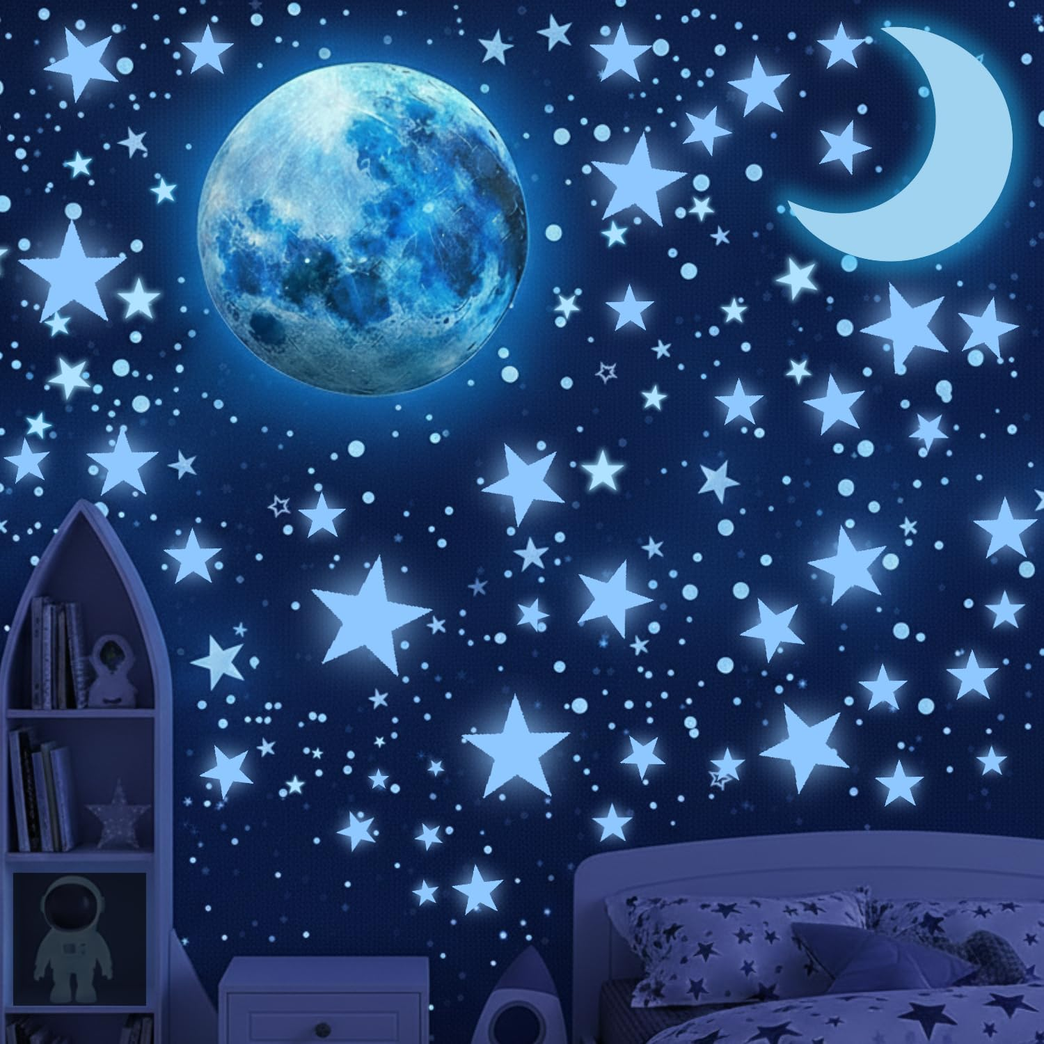 LUMOSX Glow in the Dark Stars for Ceiling - 1050 Pcs with Bonus Moons & Constellation E-Book | Ceiling Stars Glow in the Dark Stickers for Kids Room Decor (Blue)