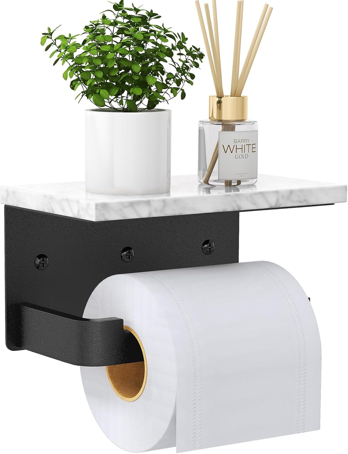 Gypie Toilet Paper Holder with Shelf, Extended Base Wall Mounted, Marble Toilet Roll Holder Black for Bathroom Washroom