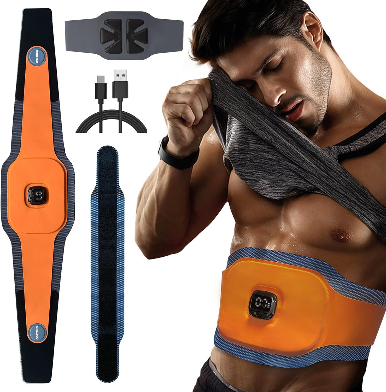FDA Cleared - EMS Belt Ab Stimulator Adjustable Toning Belt with 10 Modes & 6 Pads 3-Layer Sweat-Enhancing Design for Men & Women, Core Strengthener, Muscle Recovery, Ab Trainer