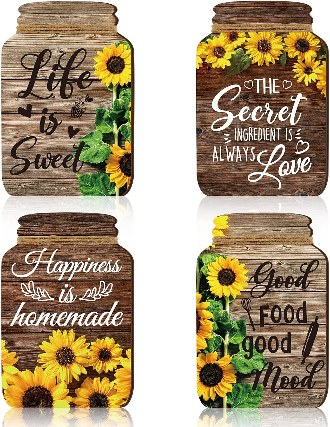 4 Pcs Kitchen Wall Decor Mason Jar Set Wooden Rustic Home Decor Inspirational Kitchen Hanging Farmhouse Wall Signs for Home Decoration(Sunflower)