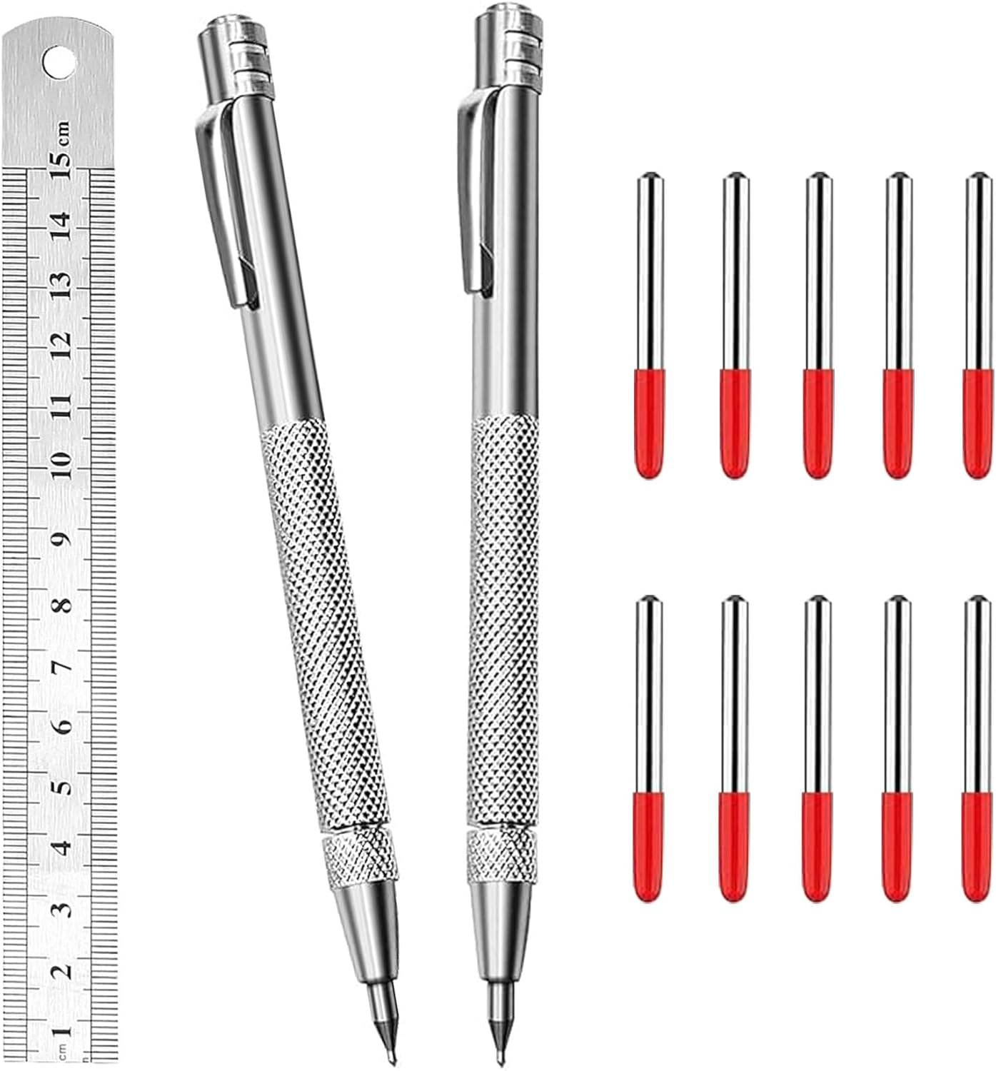 Anreißwerkzeug Set,2 Anreissnadel Aus Wolframstahl,Reißnadel Für Metall,10 Ersatzspitzen,15Cm Stahllineal Und Magnetischem Schwanz - Zum Anreißen Und Gravieren Von Metall, Glas, Keramikfliesen