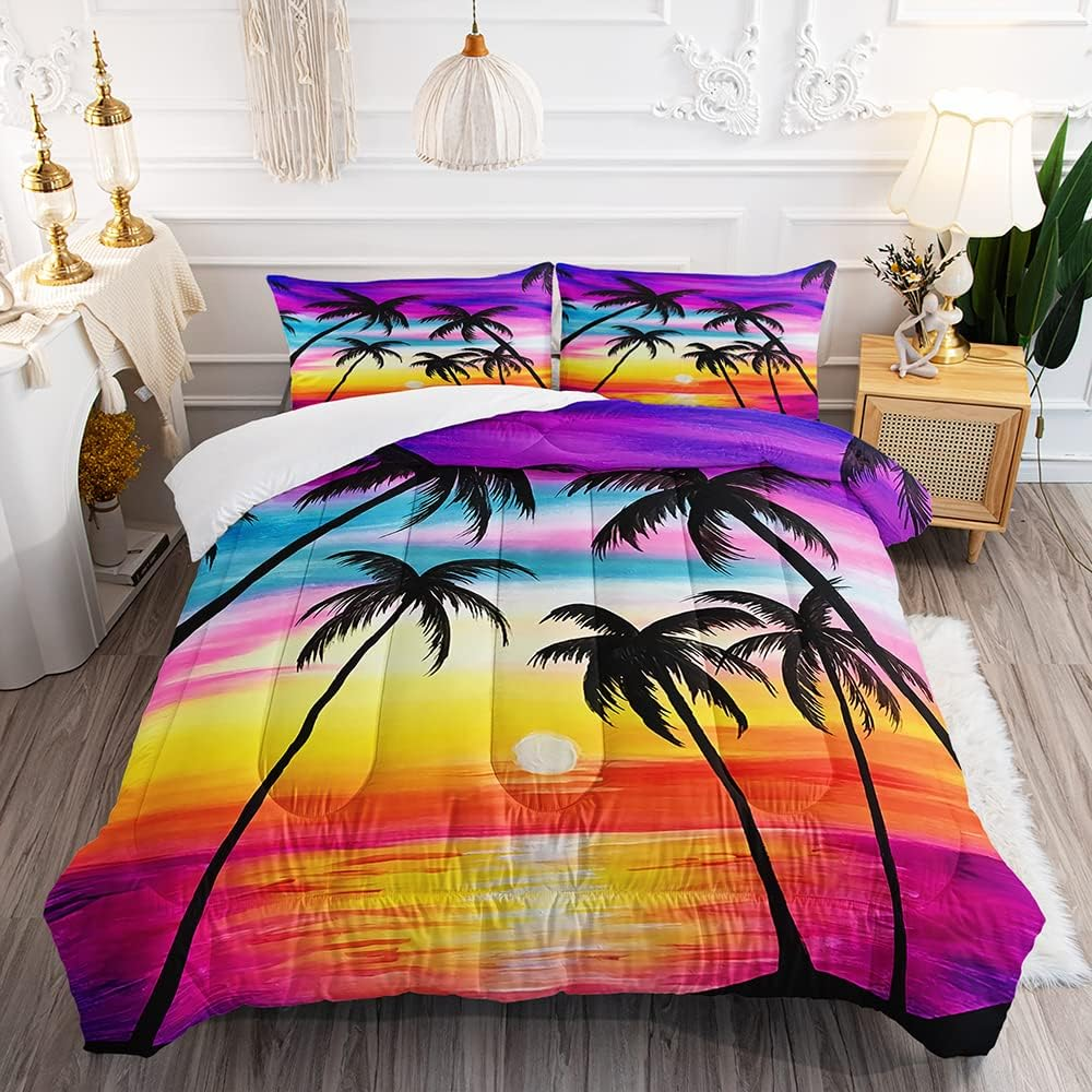 Tropical Sunset Palm Tree Comforter Set for Kids and Adults, Queen Size Sea Ocean Sunset Quilt Bedspreads with 2 Silhouette Sunset Pillowcases - 90" X 90" (Queen, Yellow)