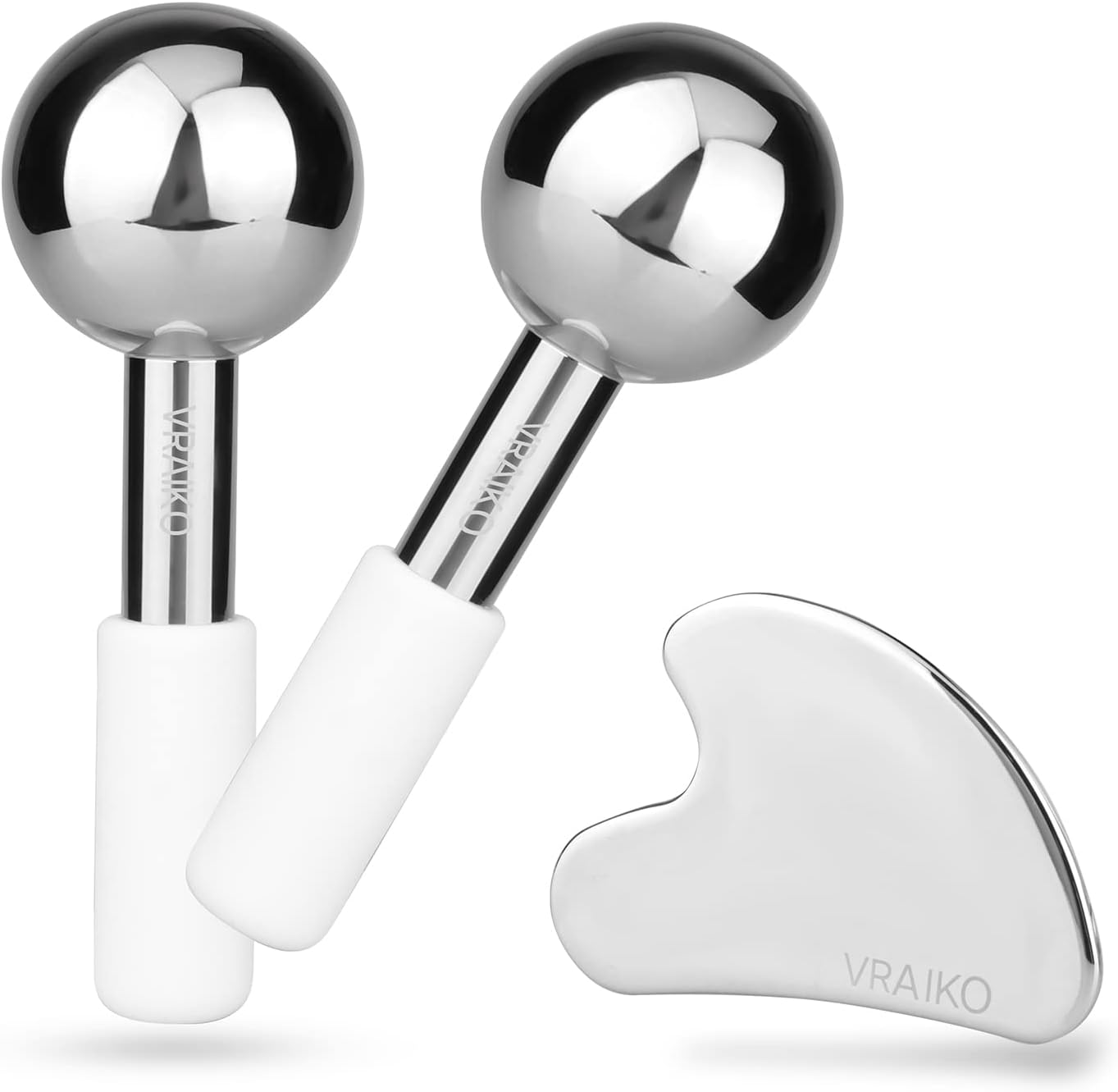 ICE Globes for Facials & Gua Sha Set, Gua Sha Facial Tools and Cryo Sticks with Unbreakable Steel, Face Massager Cooling Rollers for Dark Circles, Puffiness and Lymphatic Drainage (White)