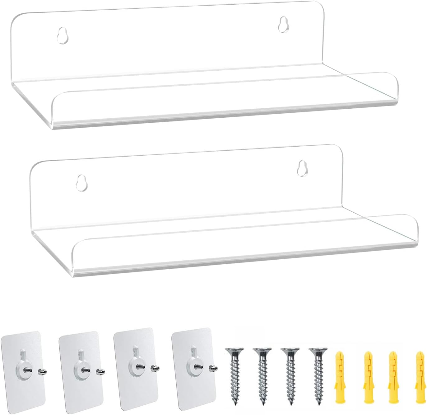 8 Inch Clear Acrylic Shelves for Wall No Drilling, 2 Pack Small Floating Shelf with Ledge No Damage Mounted, Easily Expand Wall Space for Bedroom, Living Room, Bathroom