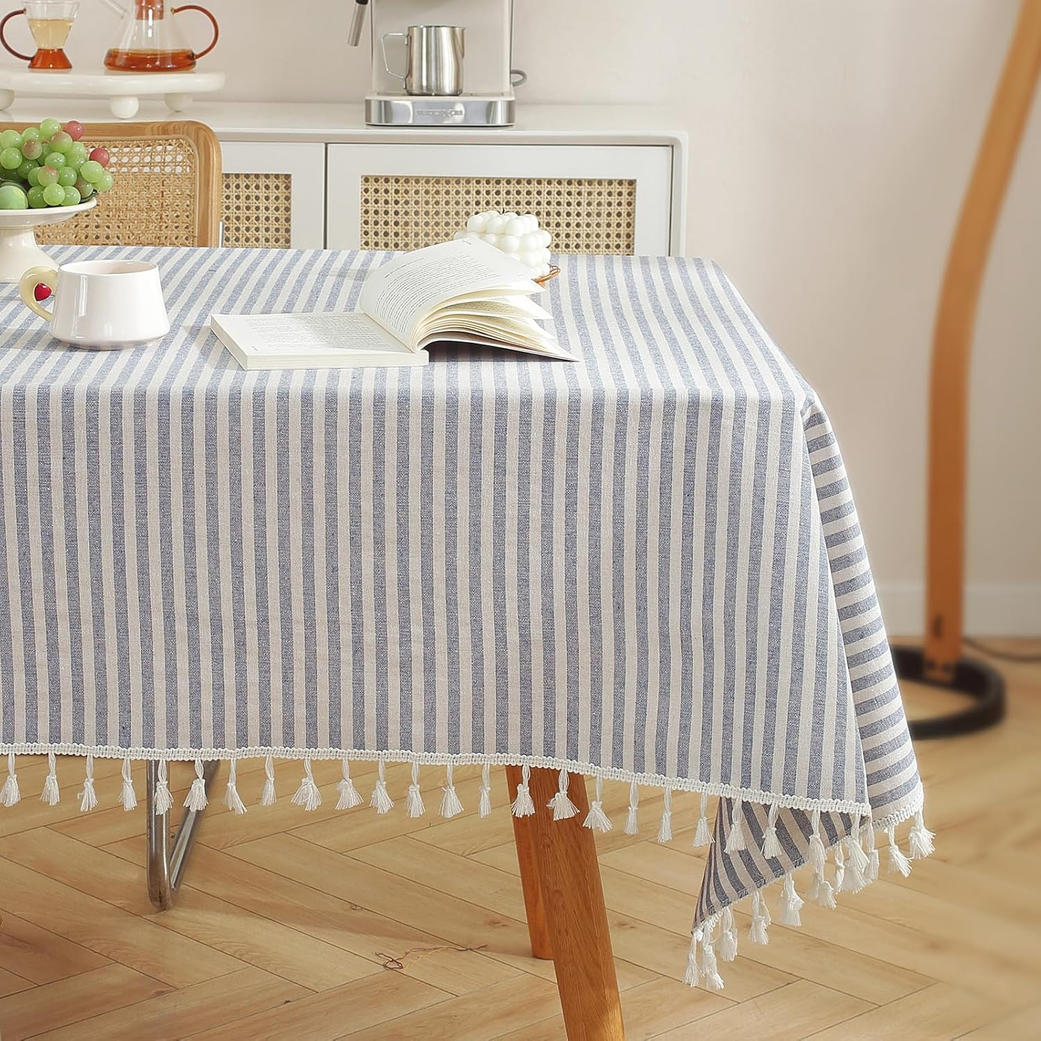 Table Cloth Blue White Striped Tablecloth Tassels Cotton Blend Dust-Proof Table Cover for Dining Coffee Buffet Kitchen Picnic Tables, Parties Indoor Outdoor Square Tablecloths (36X36 Inch)