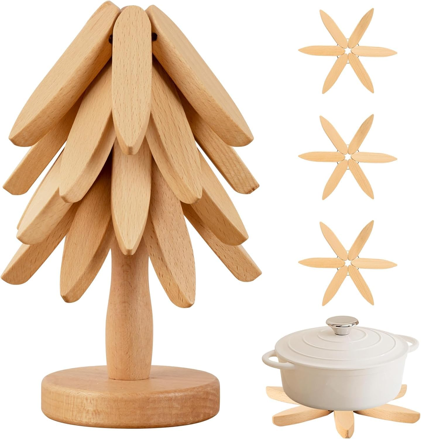 Wooden Trivets for Hot Dishes,Tree Shape Trivet Set,4 Trivets+1 Stand,Natural... - Picture 9 of 14