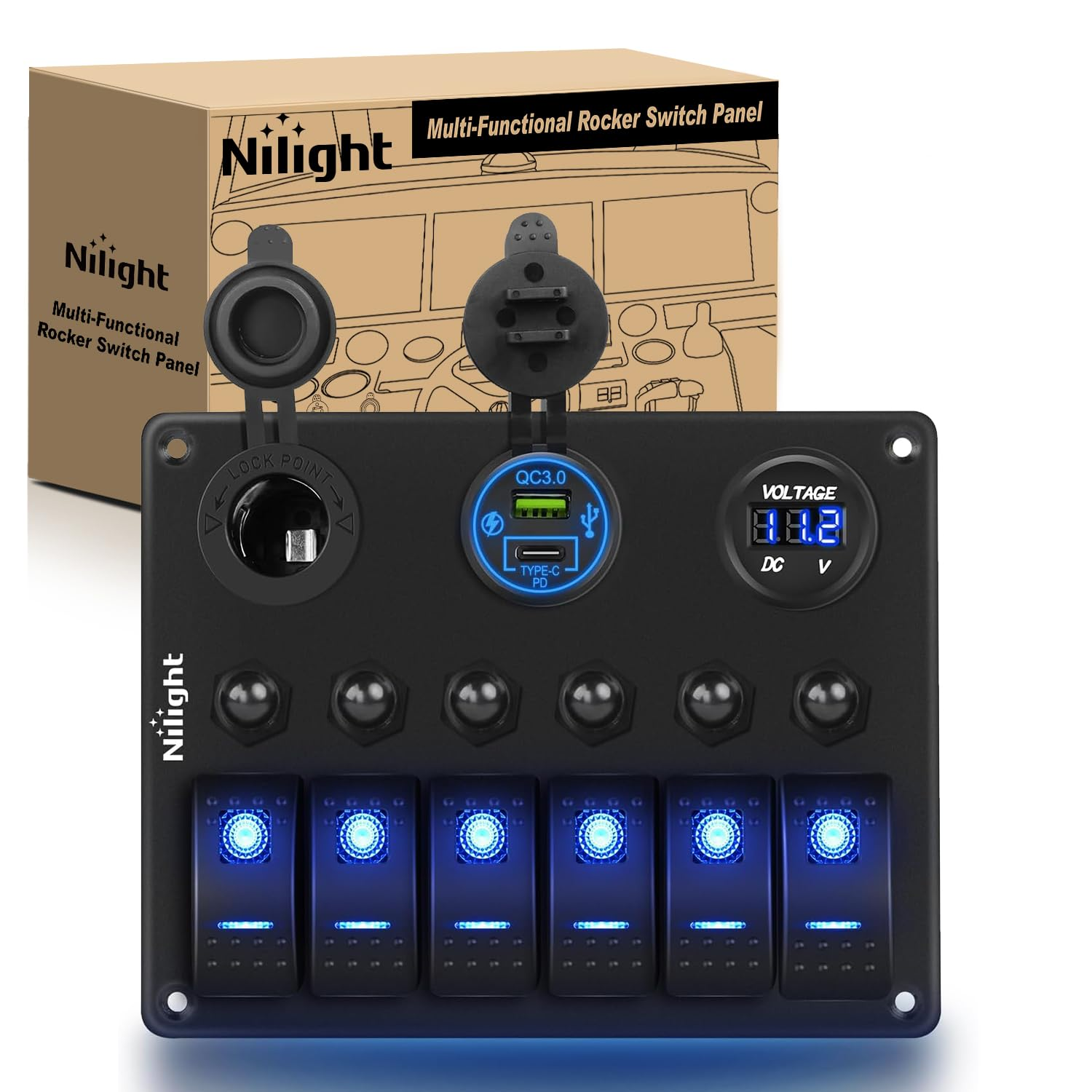 Panel de interruptores balancin de 6 gang con USB PD C voltimetro 12V 24V