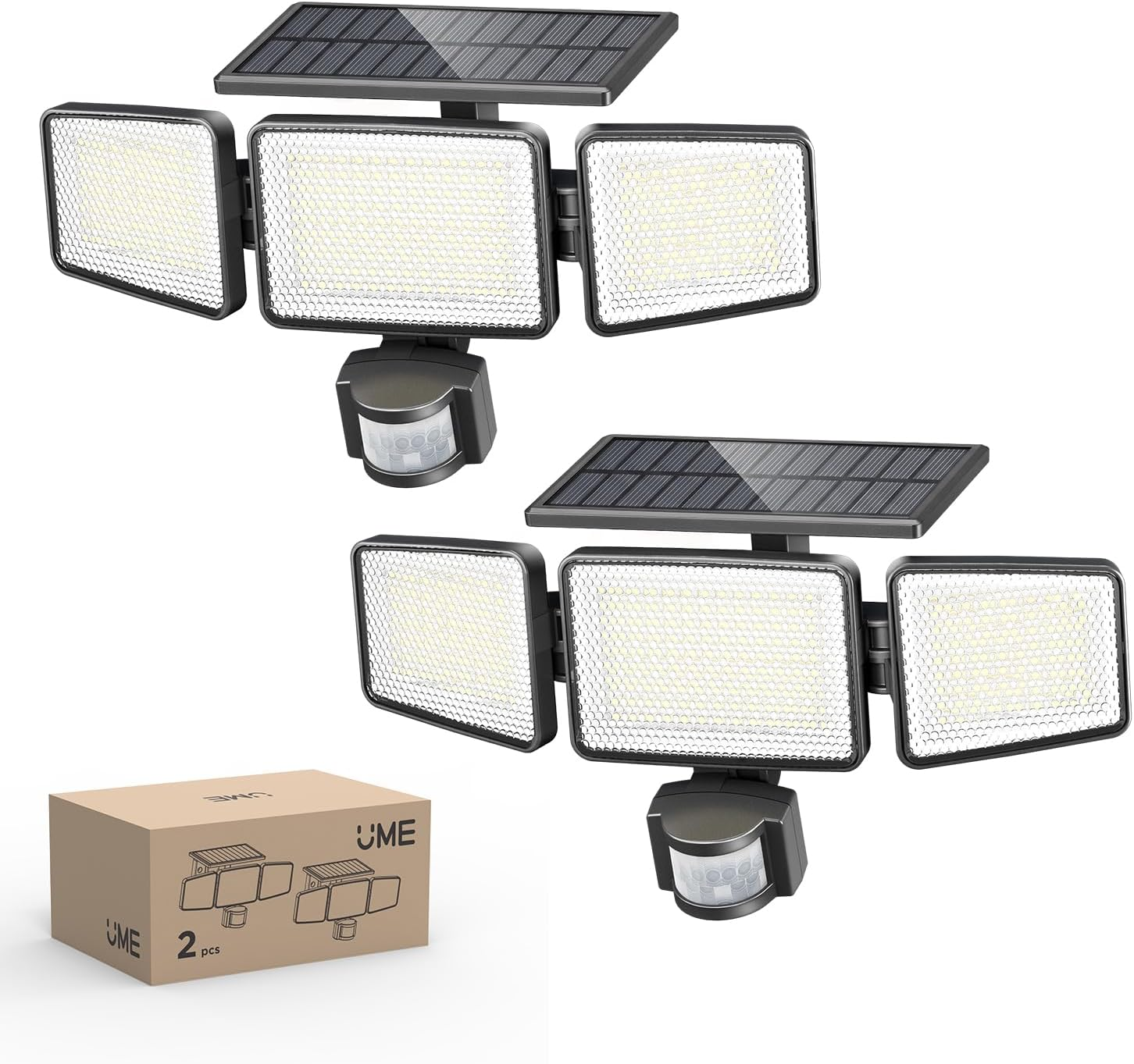 Solar Security Light Outdoor Light 302 Leds 2500Lm，Solar-Powered Waterproof Wall-Mounted Flood Light W/Pir Motion Sensor, 3 Heads, IP65 Waterproof, 3 Modes (2 Pack)
